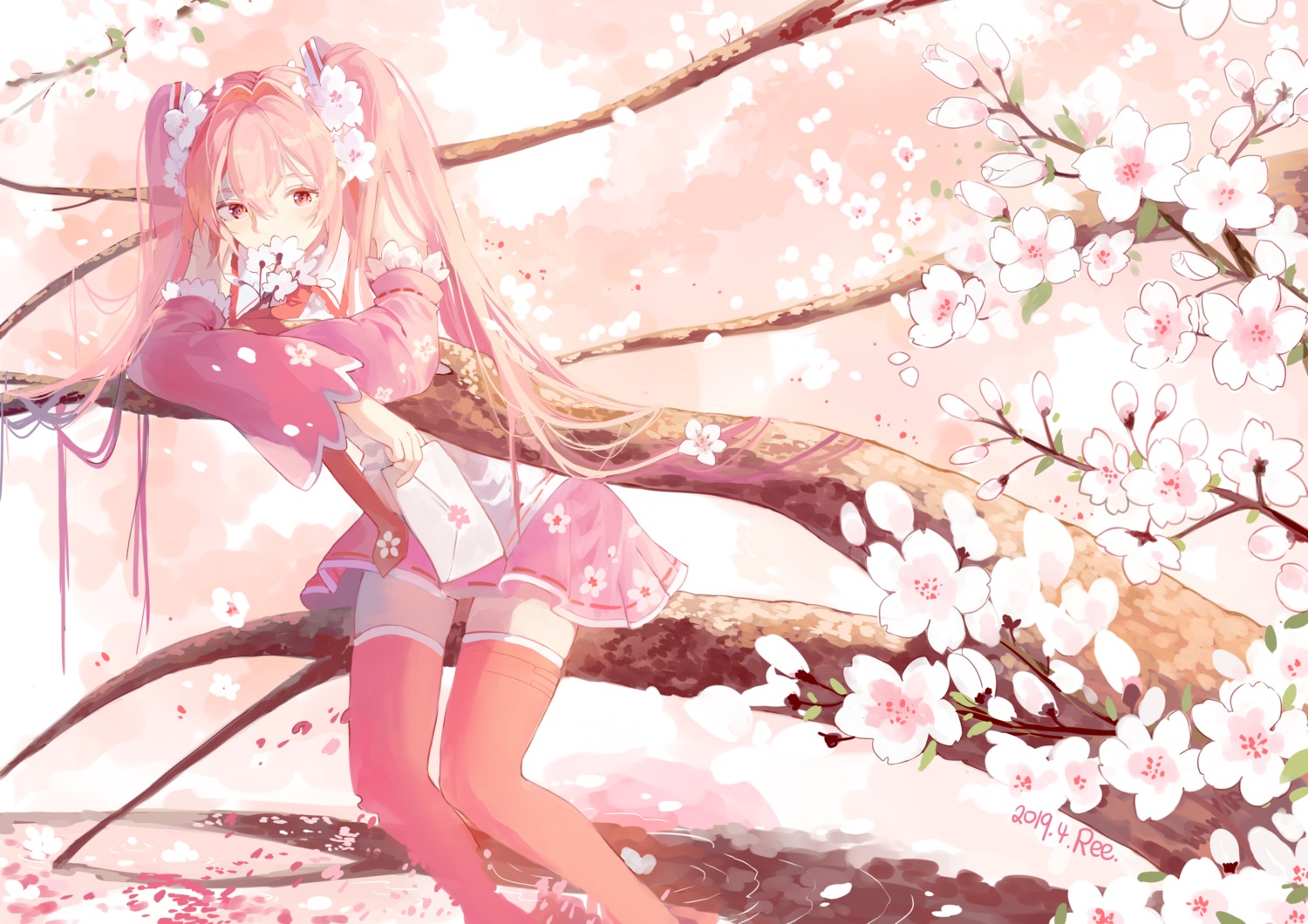 hatsune_miku, sakura_miku, stuko, thighhighs, vocaloid