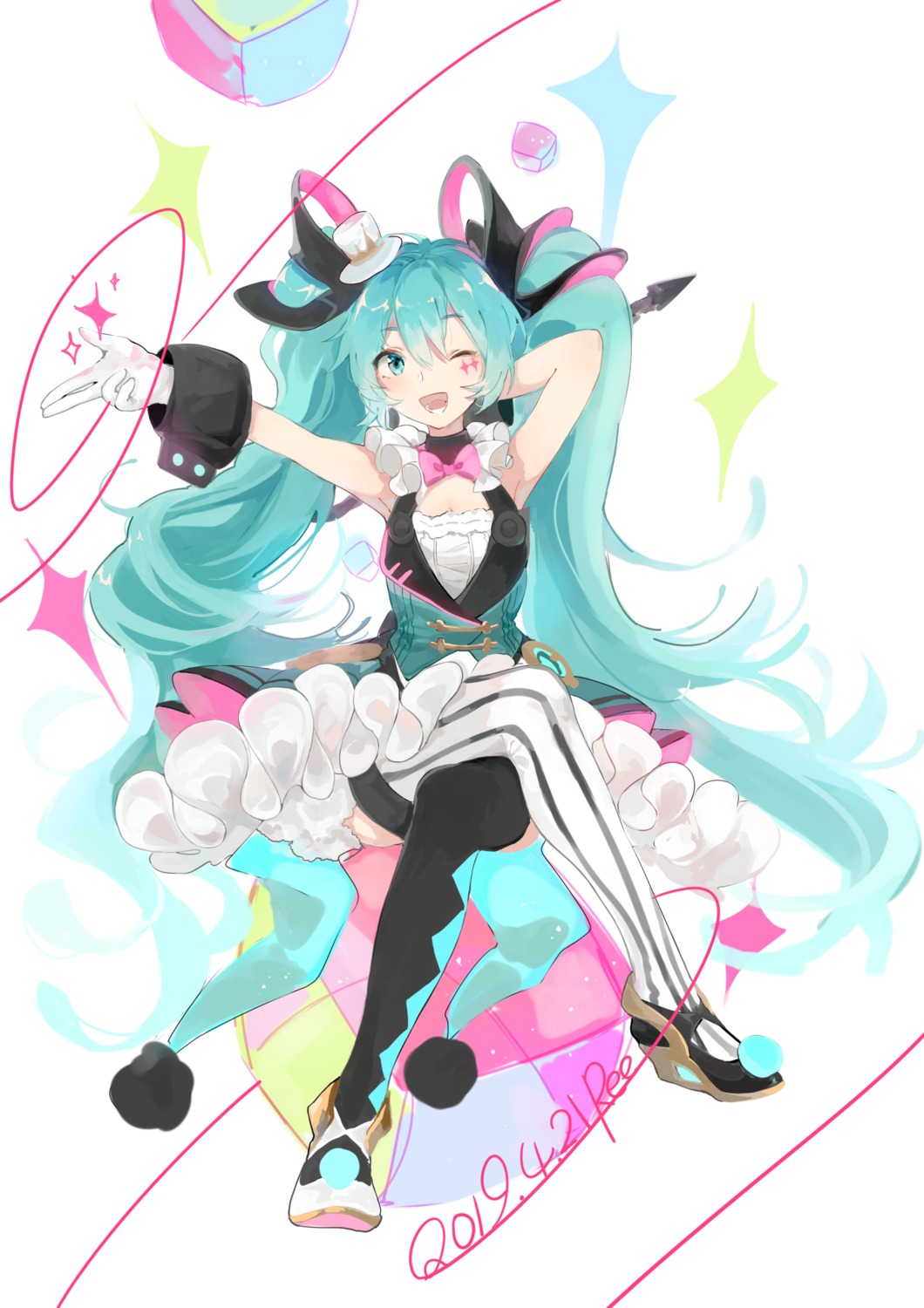 hatsune_miku, heels, magical_mirai, skirt_lift, stuko, thighhighs, vocaloid
