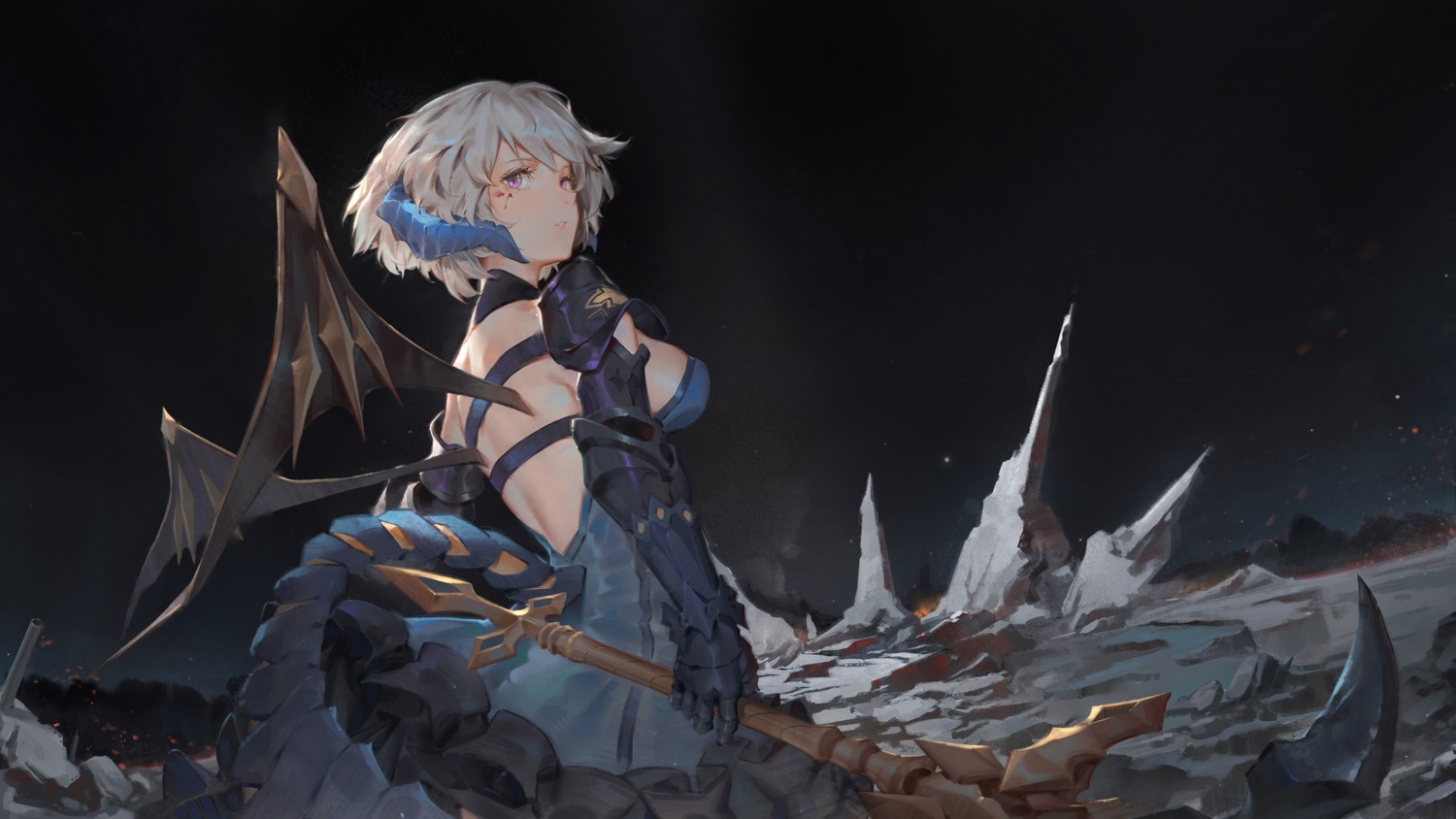 armor, blood, dress, horns, masterwork_apocalypse, tail, toriumi_harumi, weapon, wings
