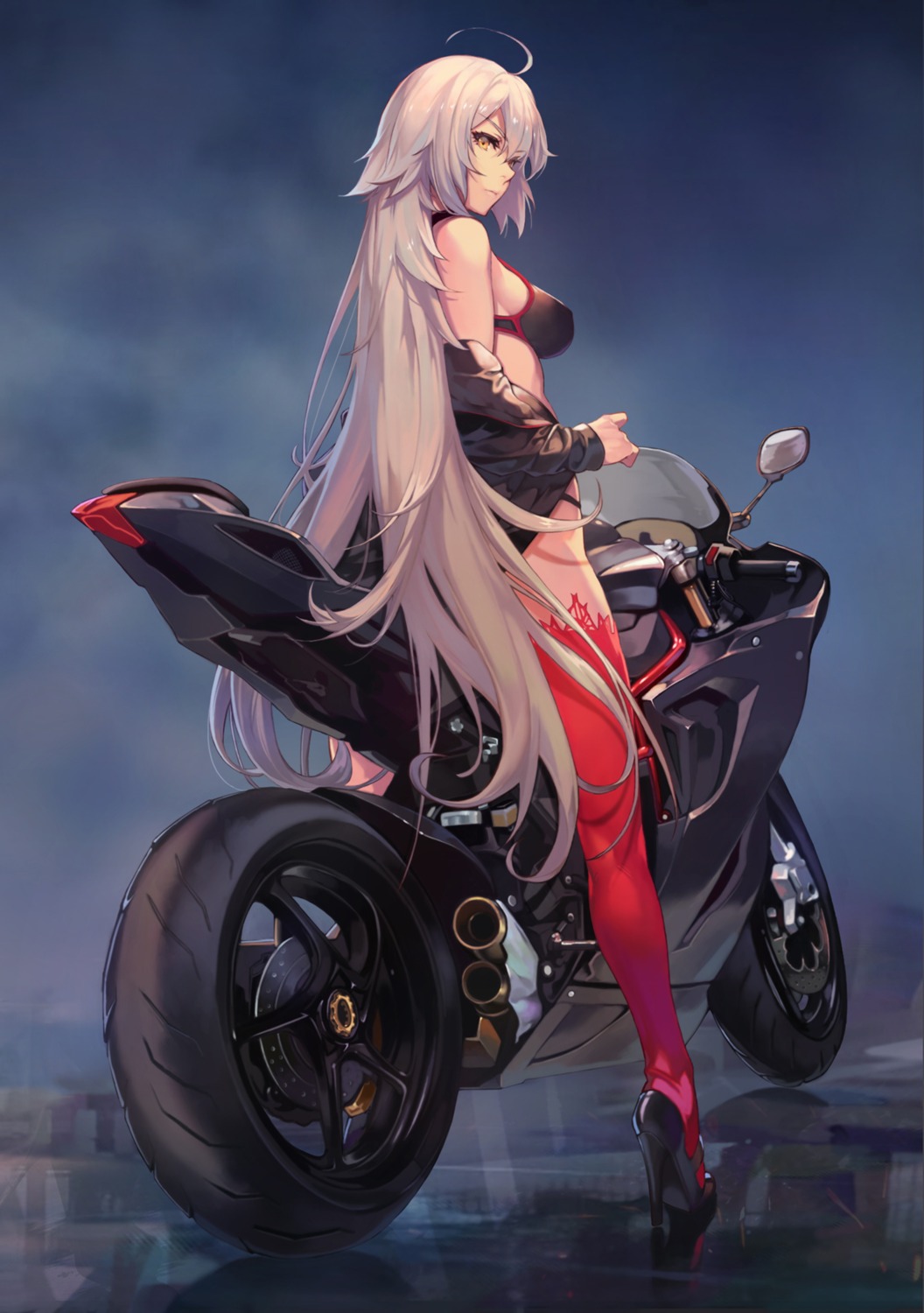 bra, fate/grand_order, heels, jeanne_d'arc, jeanne_d'arc_alter_(fate), oneko, open_shirt, thighhighs