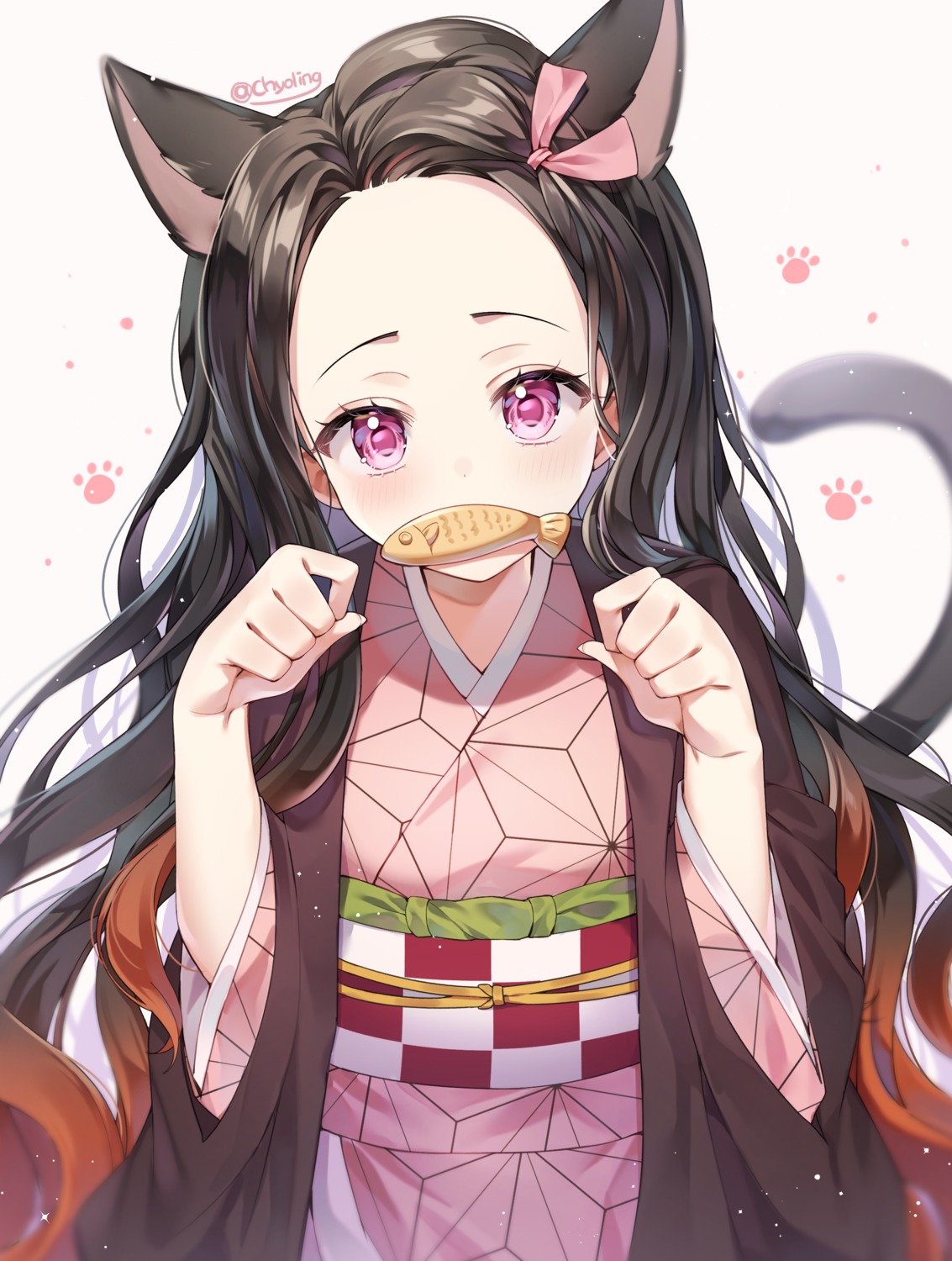animal_ears, chyoling, japanese_clothes, kamado_nezuko, kimetsu_no_yaiba, nekomimi, tail