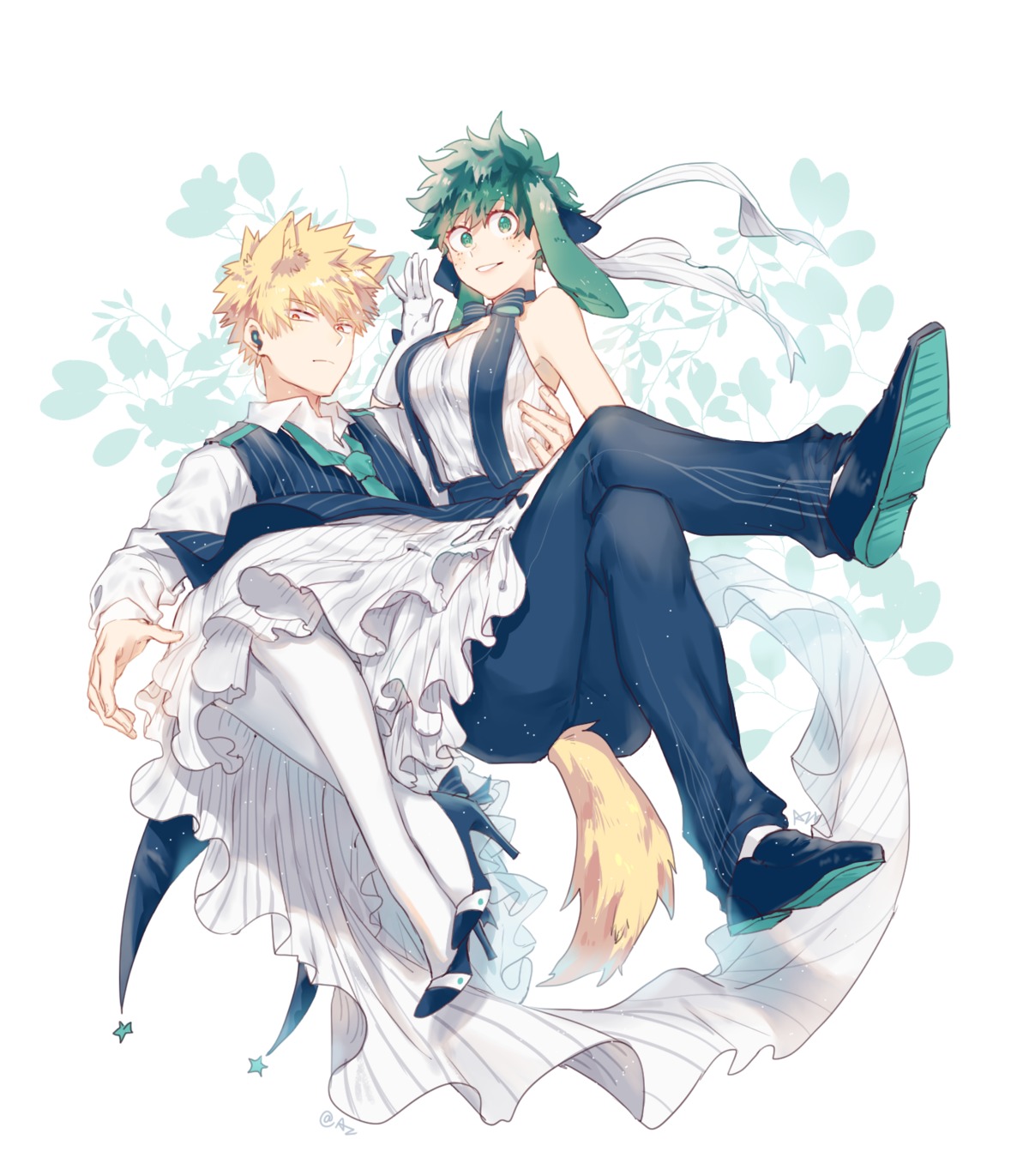 animal_ears, az_(artist), bakugou_katsuki, boku_no_hero_academia, bunny_ears, business_suit, cleavage, dress, genderswap, heels, midoriya_izuku, tail