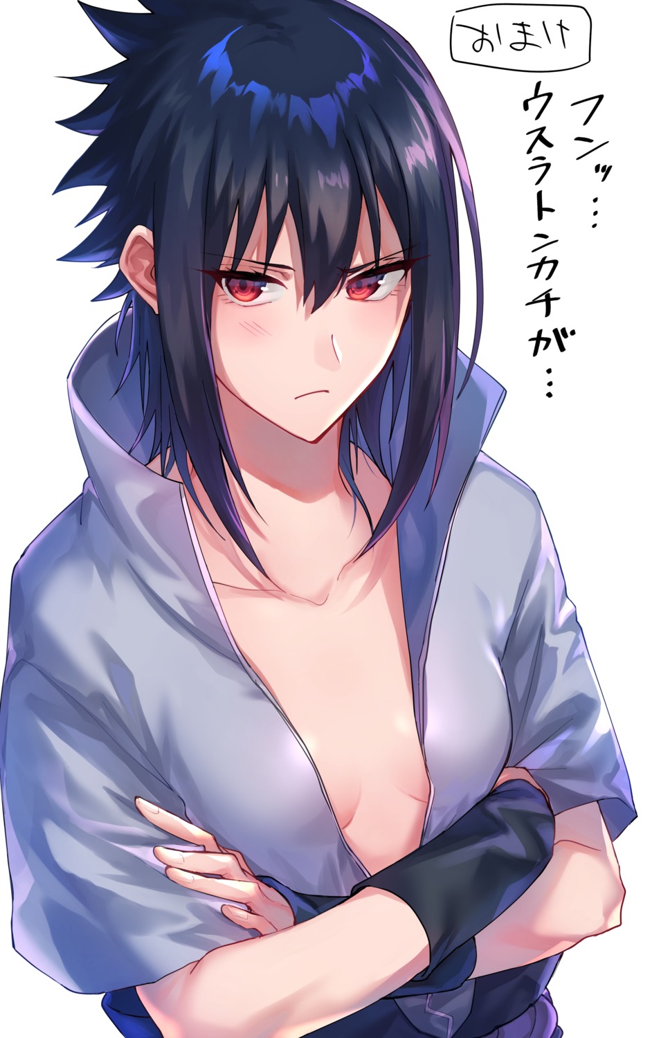 betti_(maron), cleavage, genderswap, naruto, no_bra, open_shirt, uchiha_sasuke