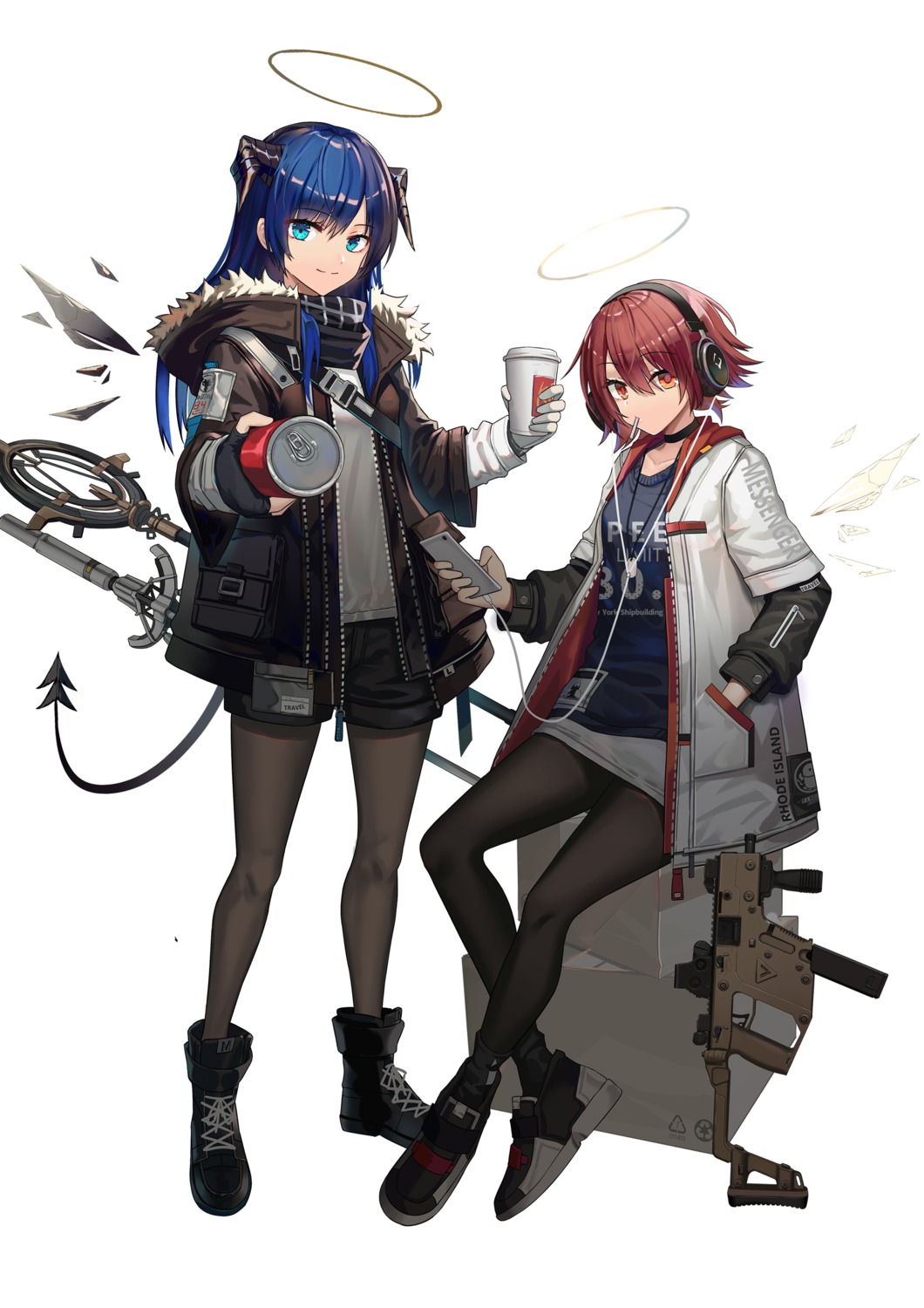 arknights, exusiai_(arknights), gun, hamachi_hazuki, headphones, horns, mostima_(arknights), pantyhose