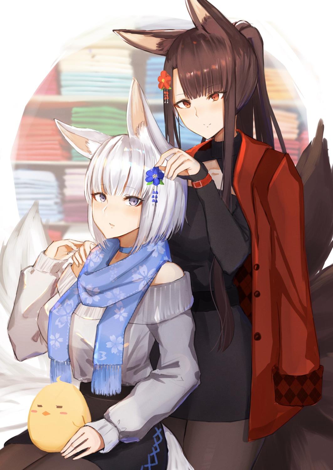 akagi_(azur_lane), animal_ears, azur_lane, dress, kaga_(azur_lane), kitsune, manjuu_(azur_lane), pantyhose