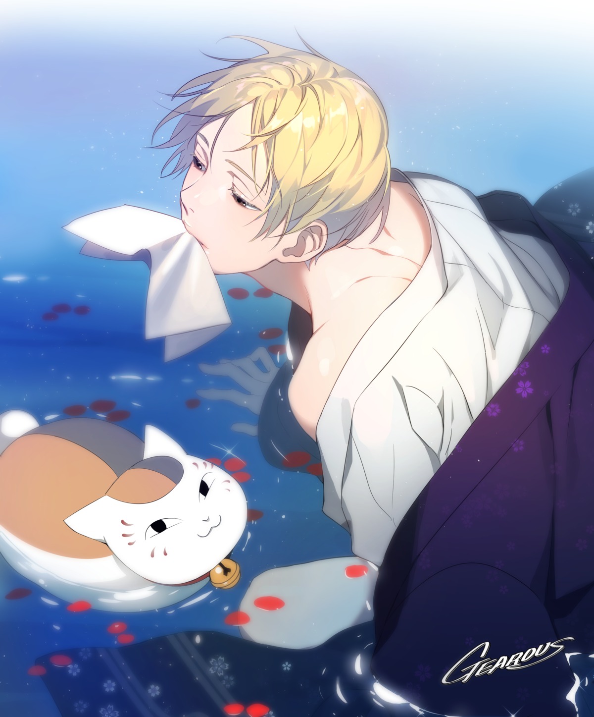 asian_clothes, gearous, male, natsume_takashi, natsume_yuujinchou, neko, nyanko, wet_clothes