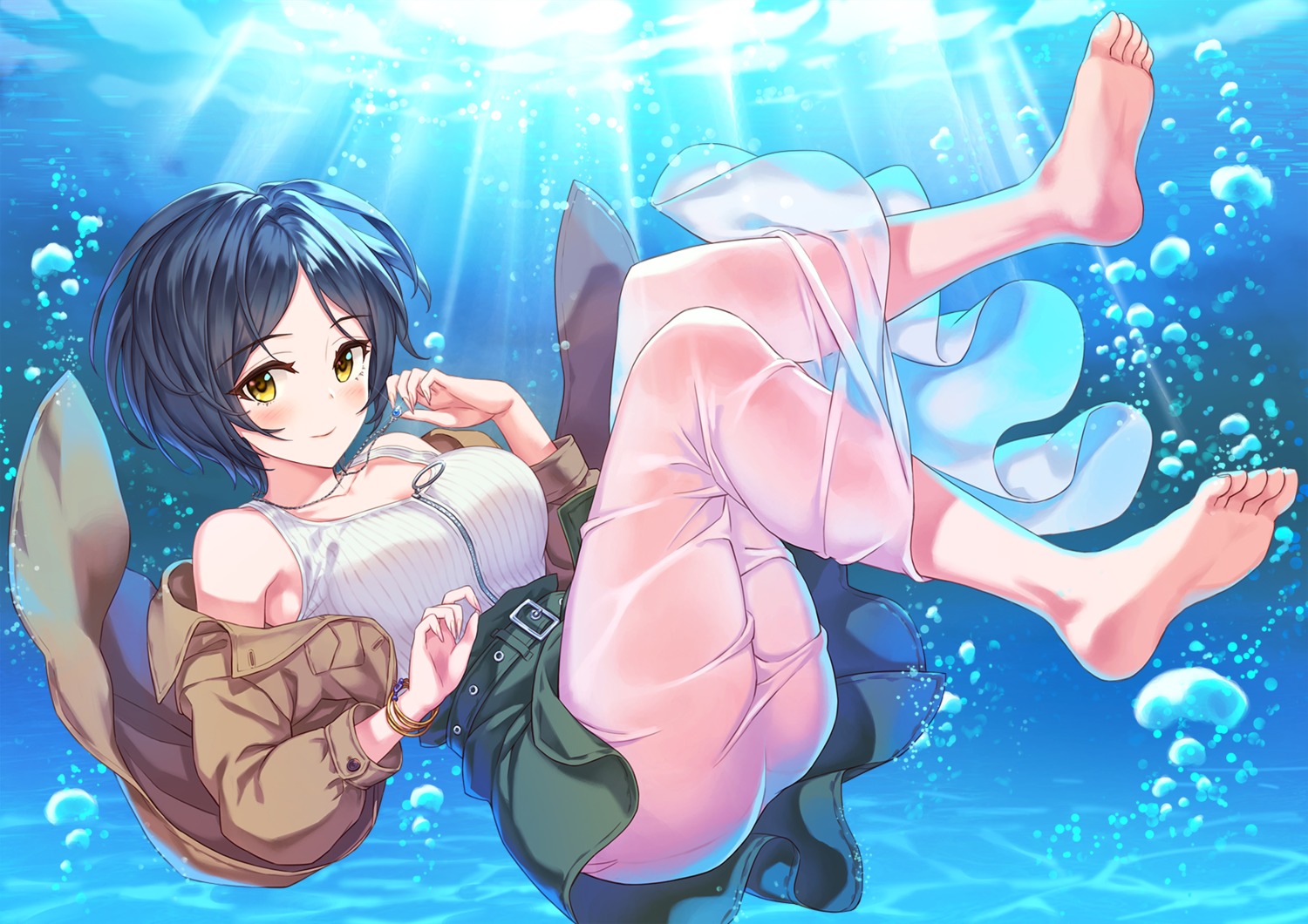 cleavage, feet, hamahama, hayami_kanade, see_through, skirt_lift, the_idolm@ster, the_idolm@ster_cinderella_girls