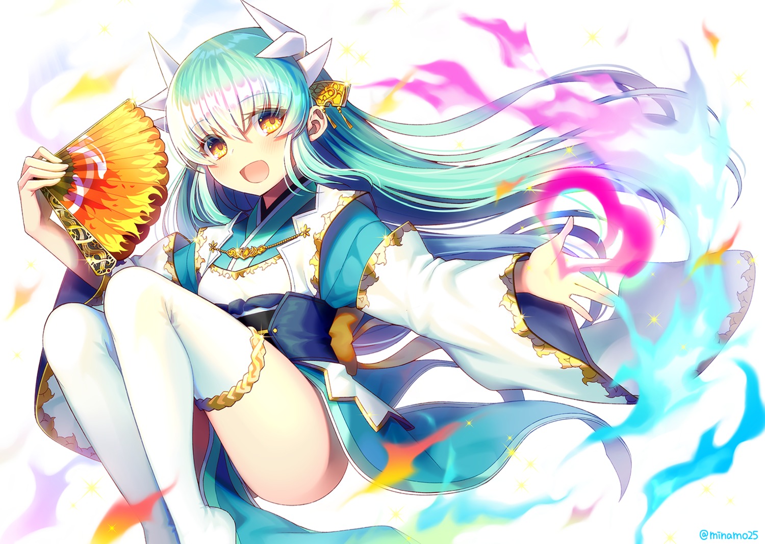 fate/grand_order, horns, japanese_clothes, kiyohime_(fate), minamo25, skirt_lift, thighhighs