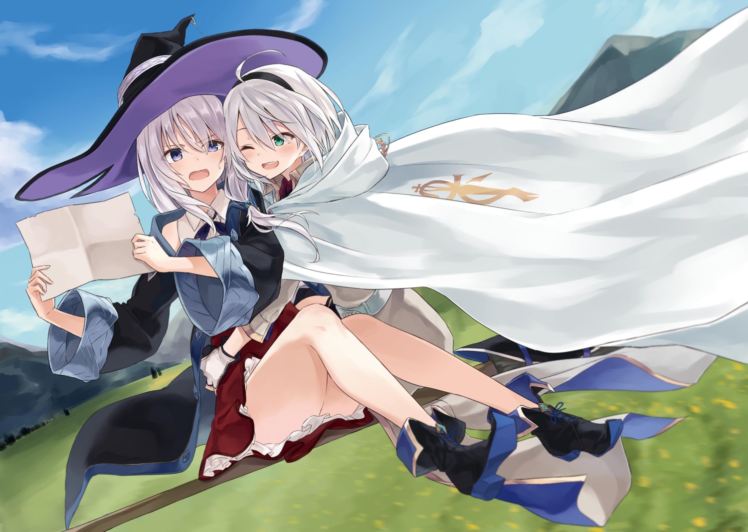 amnesia_(majotabi), azuuru, elaina_(majotabi), heels, majo_no_tabitabi, skirt_lift, witch, yuri
