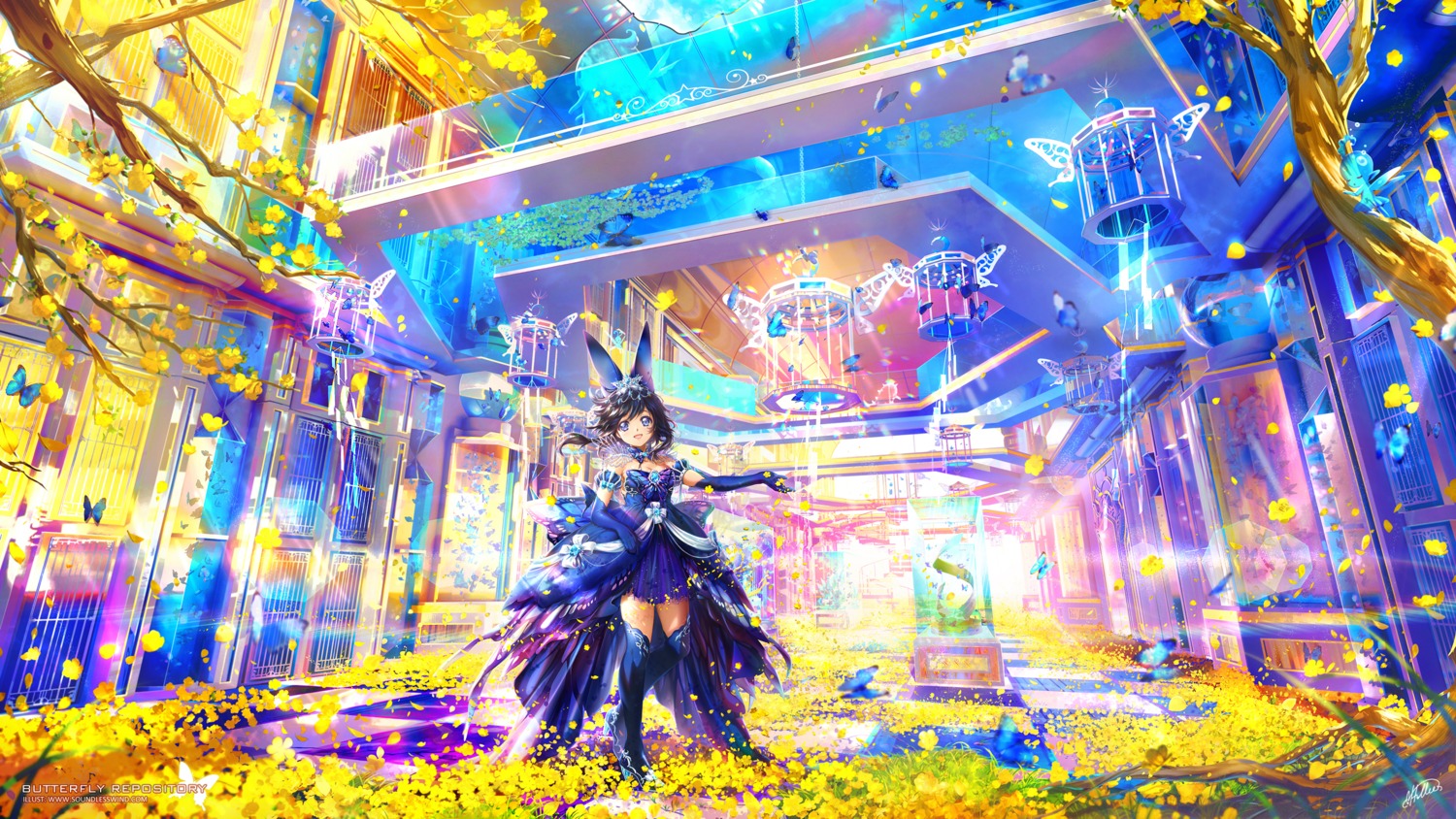 animal_ears, cleavage, dress, kaze-hime, landscape, thighhighs, wallpaper