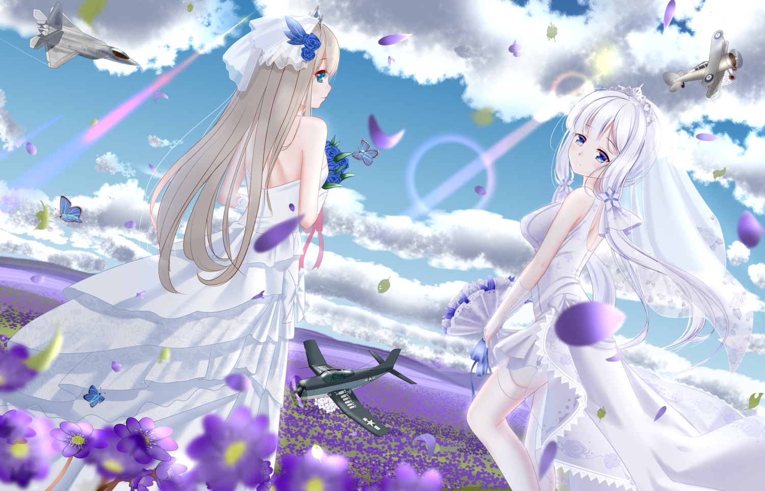 azur_lane, crossover, dress, illustrious_(azur_lane), lazy_guang_guang, lexington_(zhanjianshaonv), thighhighs, wedding_dress