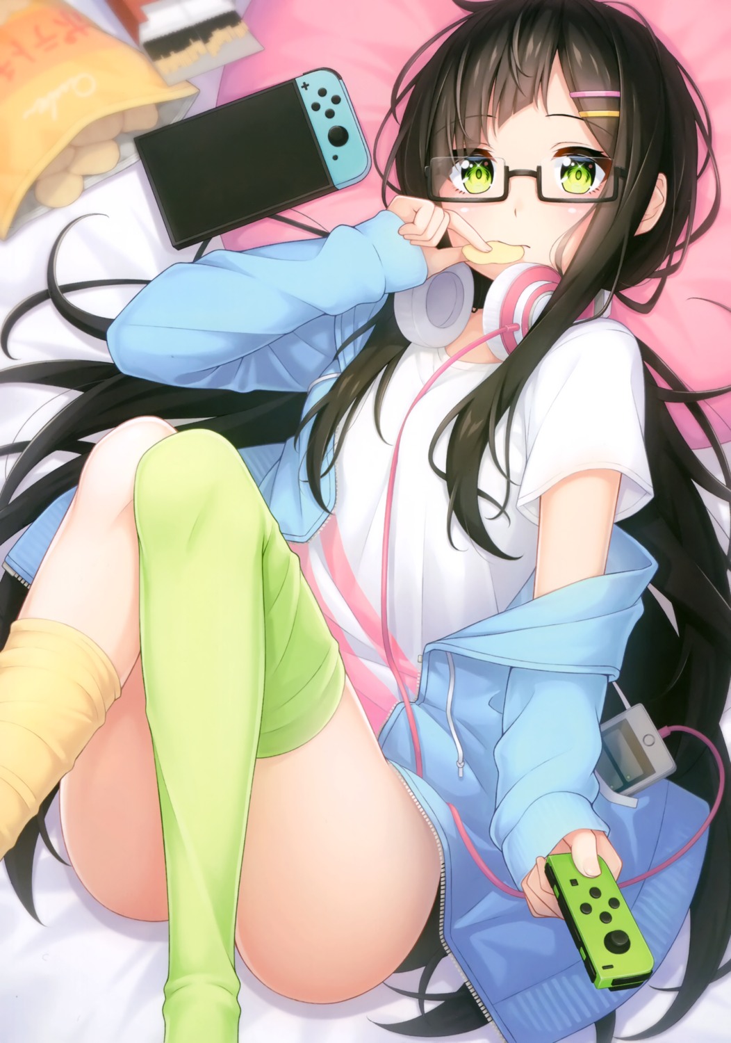 headphones, megane, ochiai_miyabi, thighhighs