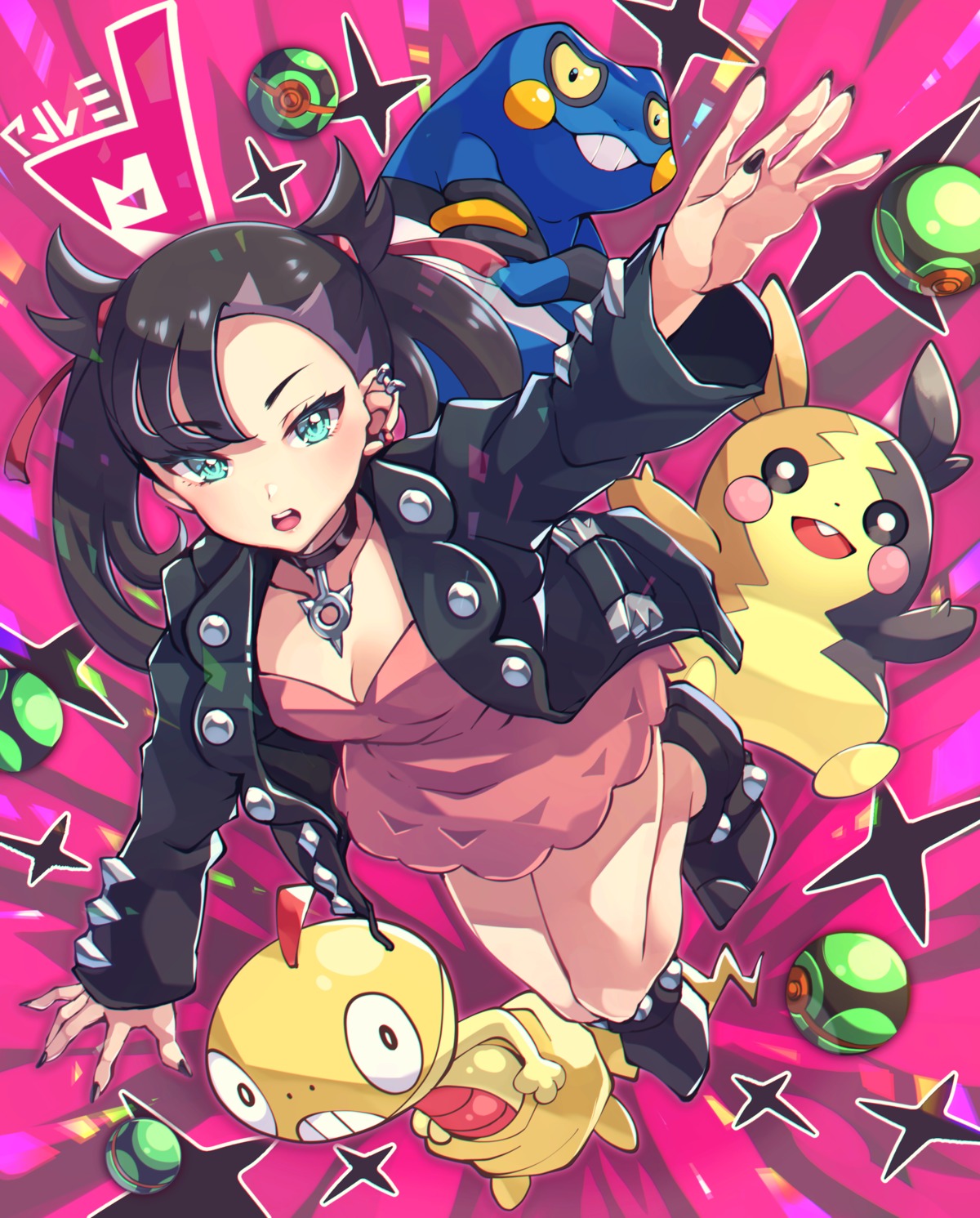 cleavage, croagunk, dress, mary_(pokemon), morpeko, pokemon, pokemon_swsh, scraggy