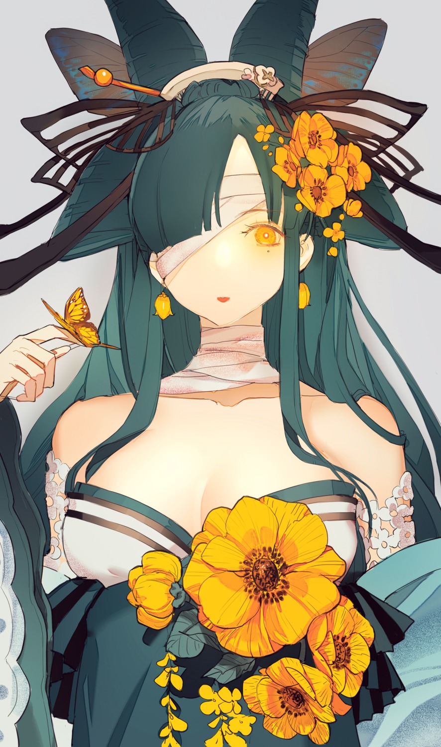 bandages, cleavage, japanese_clothes, no_bra, senryoko