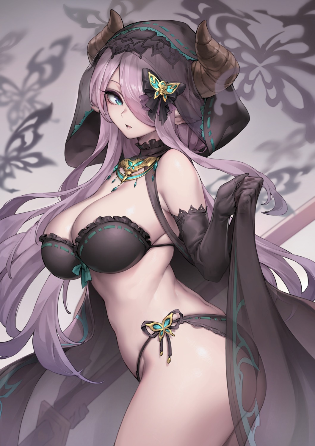 ass, bra, cleavage, granblue_fantasy, horns, narumeia_(granblue_fantasy), oopartz_yang, pantsu, pointy_ears, string_panties, thong, weapon