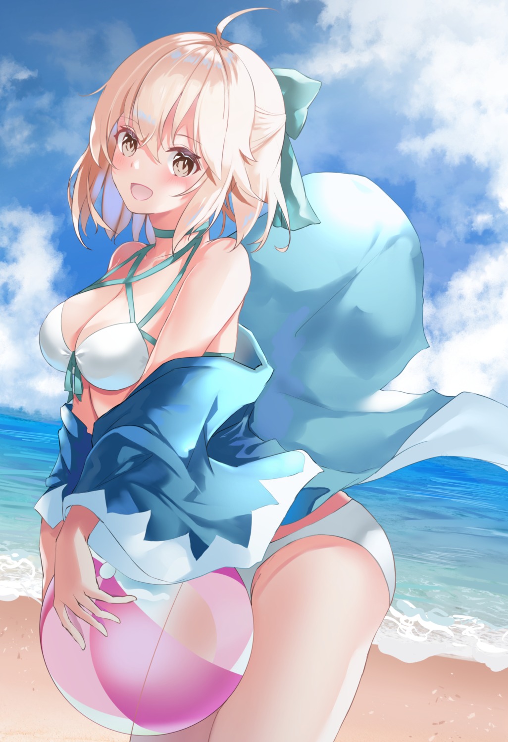 bikini, cleavage, fate/grand_order, japanese_clothes, okita_souji_(fate), open_shirt, swimsuits, tukise_33