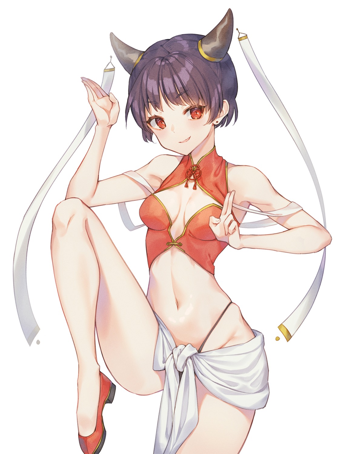 asian_clothes, cha_chya, cleavage, heels, horns, no_bra, pantsu