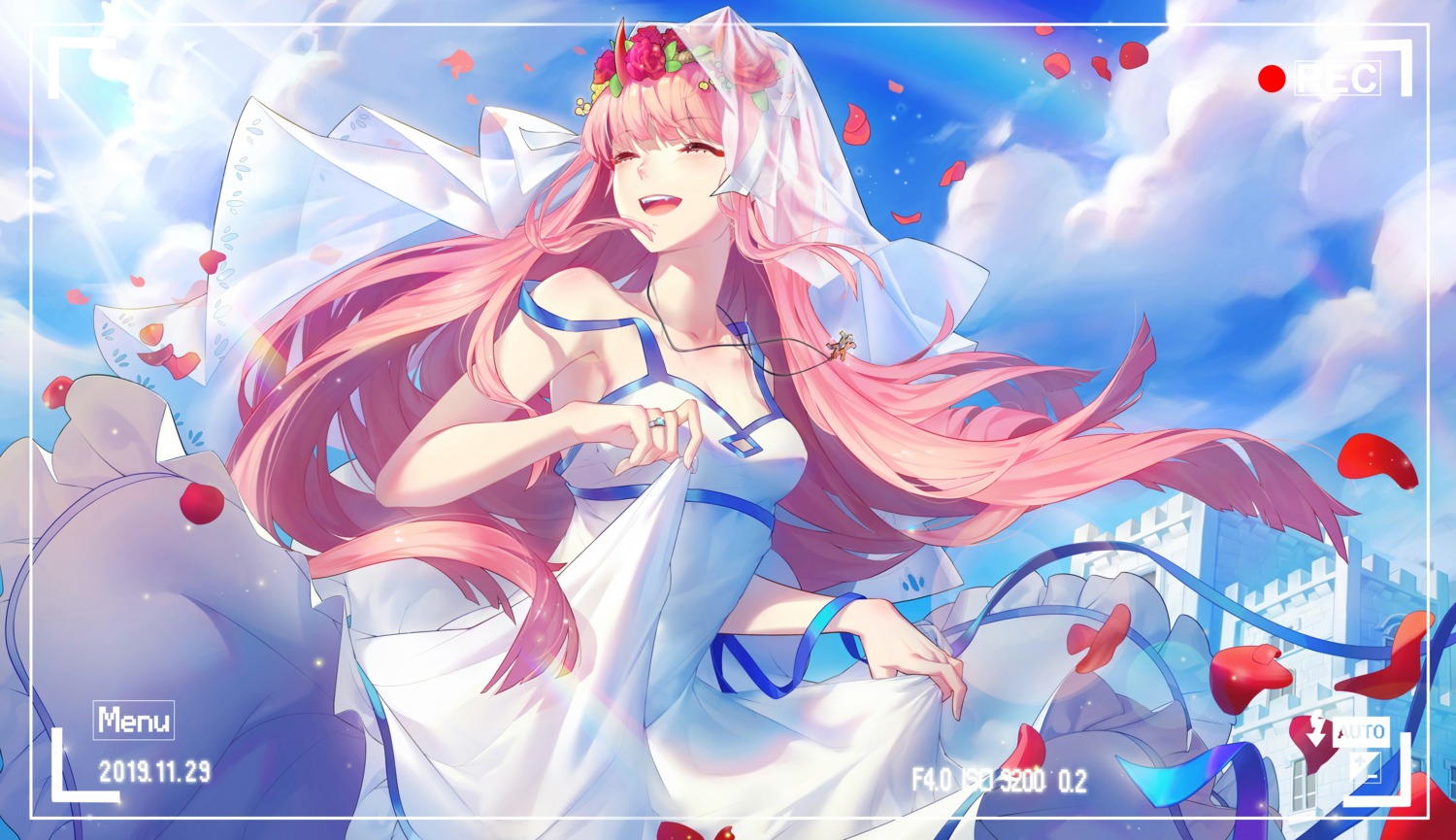 artist_revision, cleavage, darling_in_the_franxx, dress, horns, nhan, skirt_lift, zero_two_(darling_in_the_franxx)