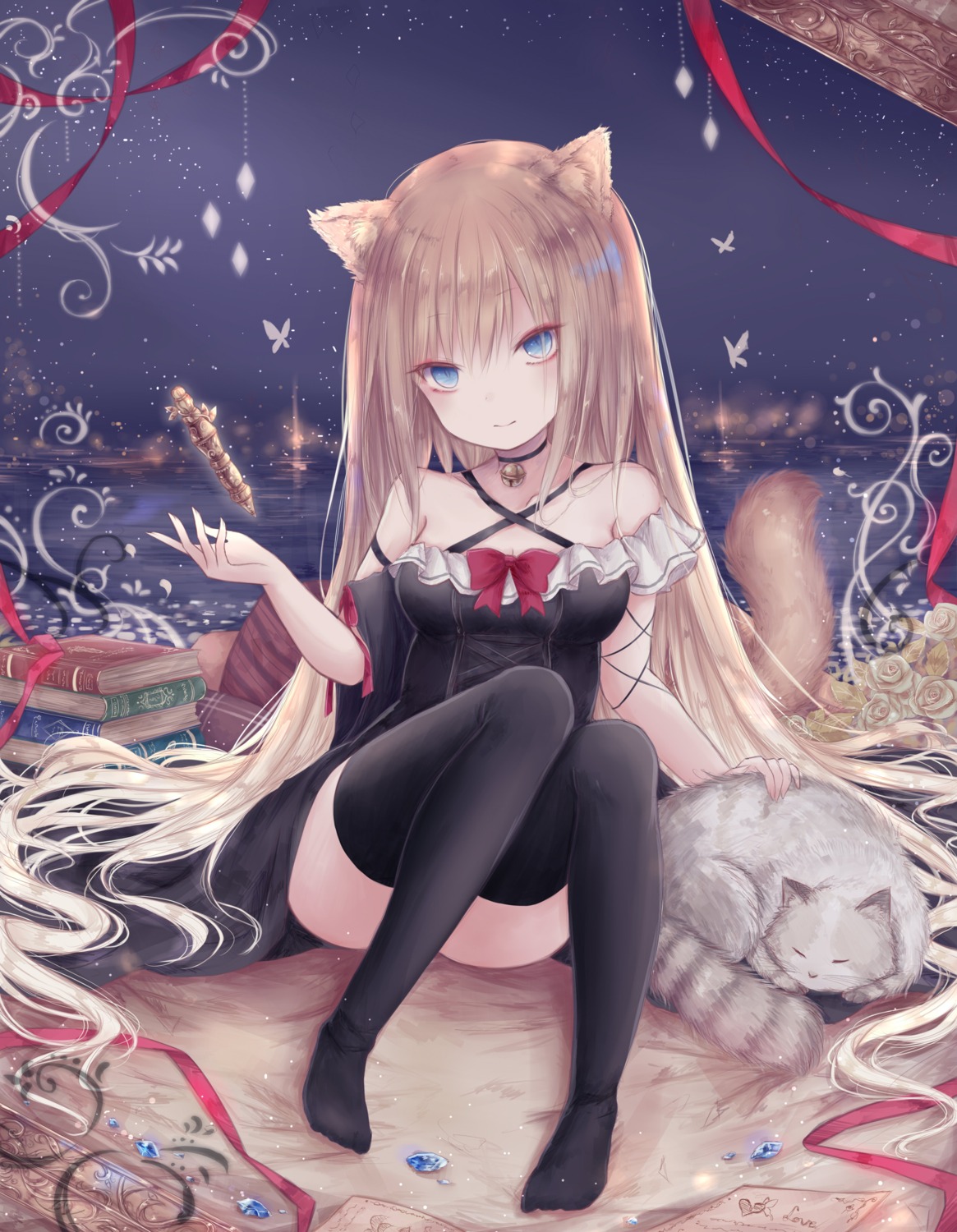 animal_ears, dress, neko, nekomimi, skirt_lift, tail, thighhighs, yenshin