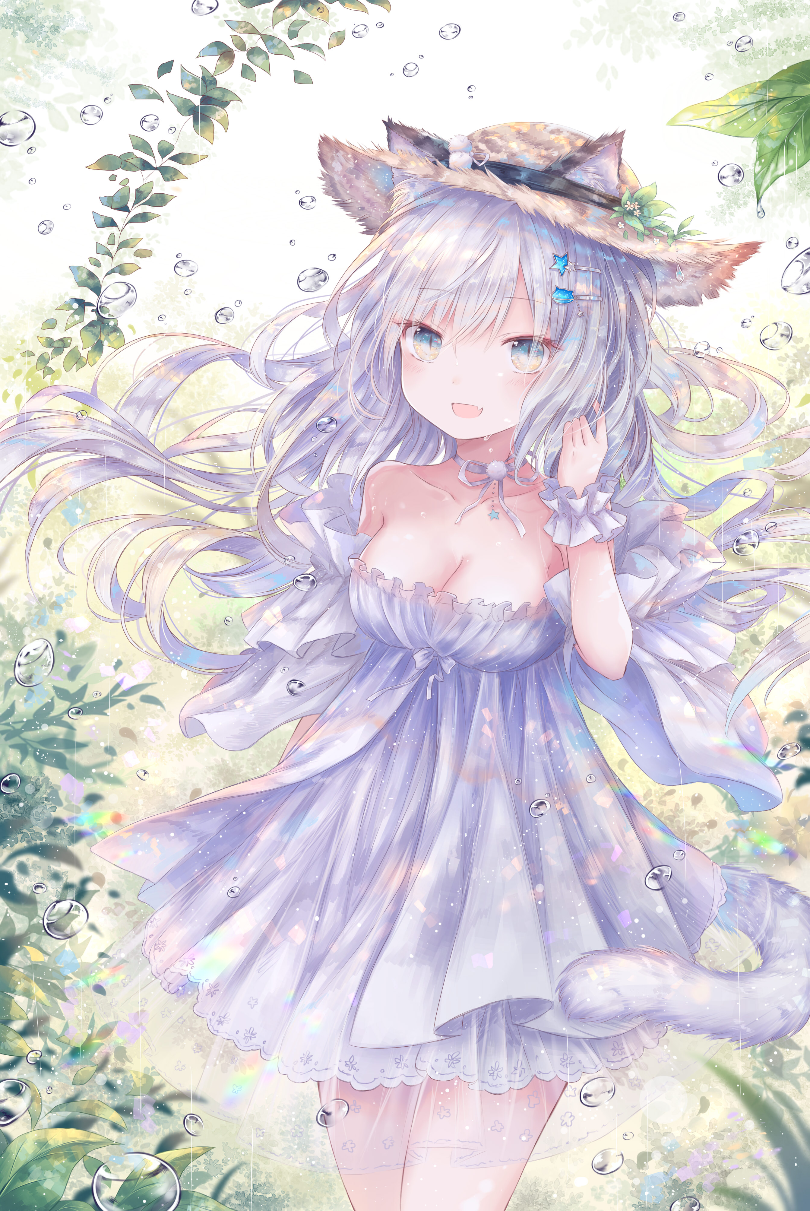 animal_ears, cleavage, dress, nekomimi, see_through, tail, yenshin