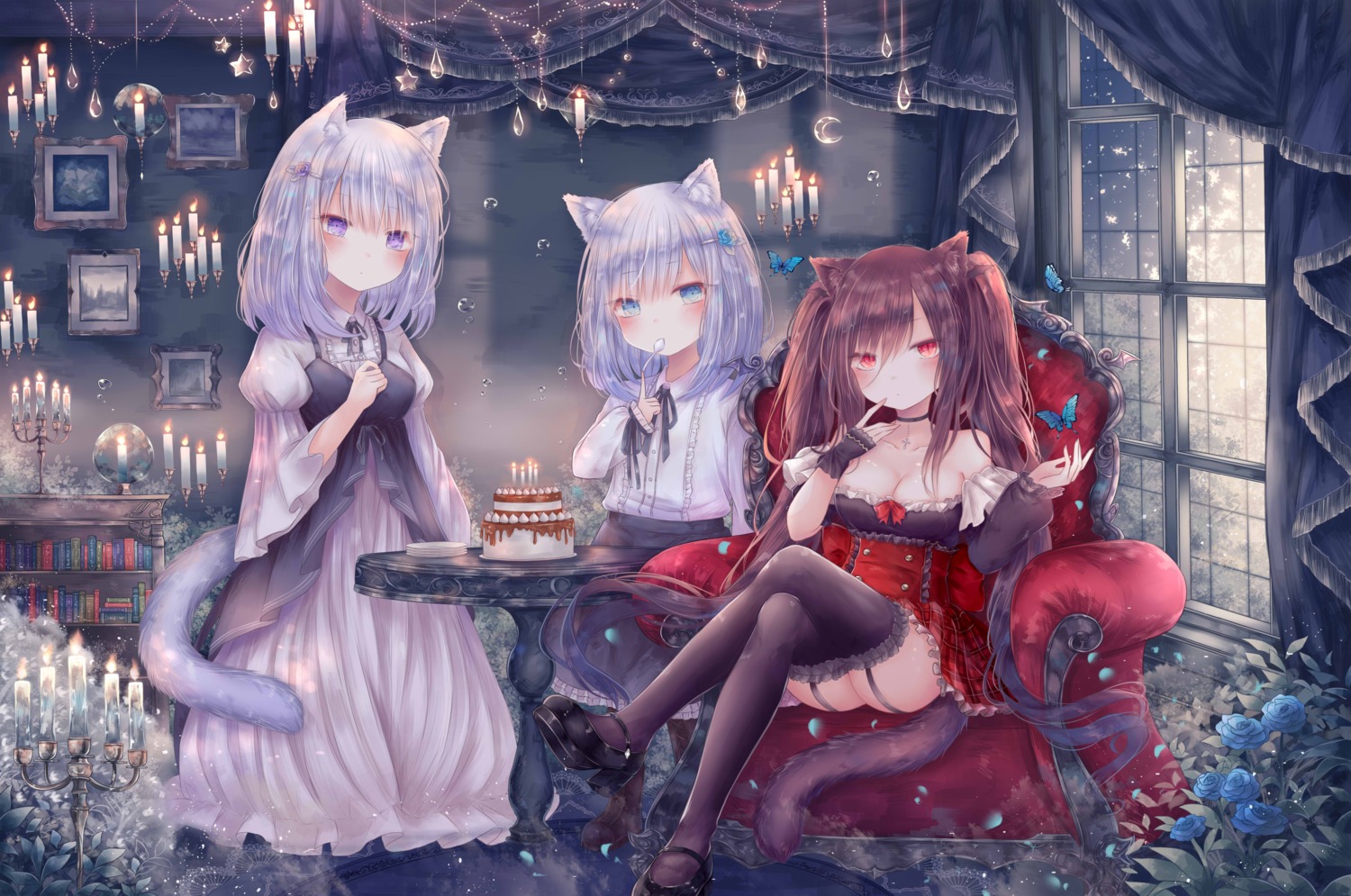 animal_ears, cleavage, dress, heels, lolita_fashion, nekomimi, skirt_lift, stockings