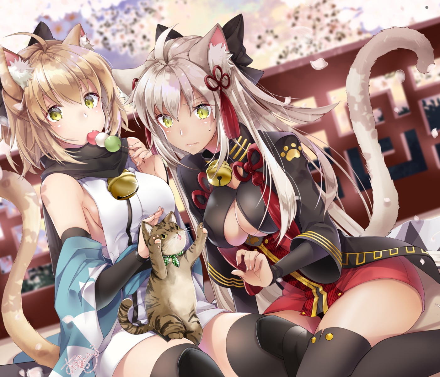 akatsuki_hijiri, animal_ears, cleavage, fate/grand_order, japanese_clothes, neko, nekomimi, no_bra, okita_souji_(alter)_(fate), okita_souji_(fate), tail, thighhighs