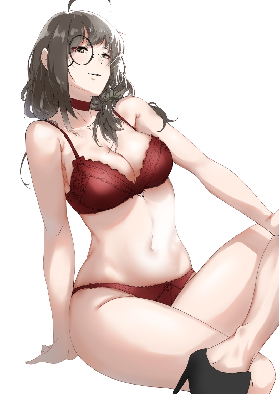 bra, cleavage, girls_frontline, heels, helianthus_(girls_frontline), megane, neoguri, pantsu
