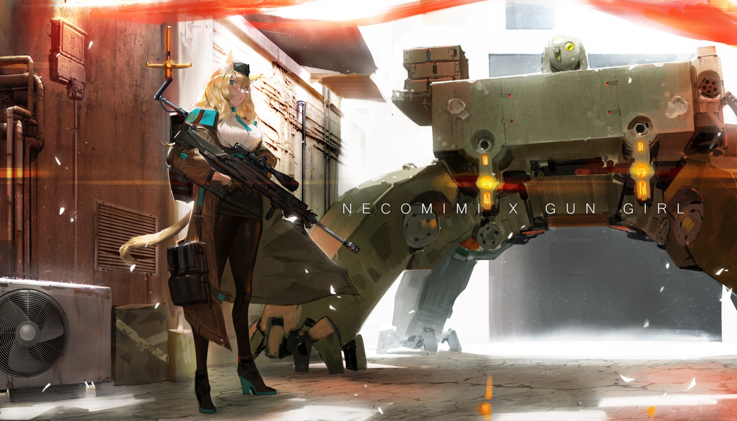 animal_ears, gun, heels, kare_huang, mecha, megane, nekomimi, pantyhose