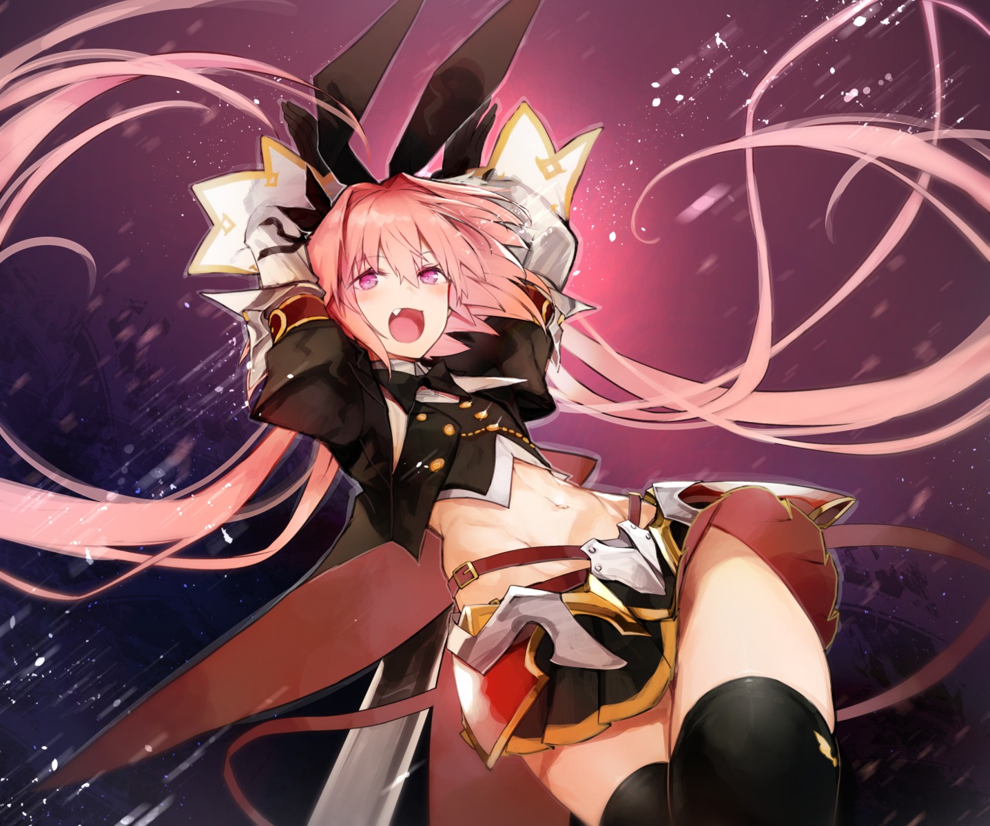 animal_ears, astolfo_(fate), bunny_ears, fate/grand_order, nishiide_kengorou, skirt_lift, sword, thighhighs