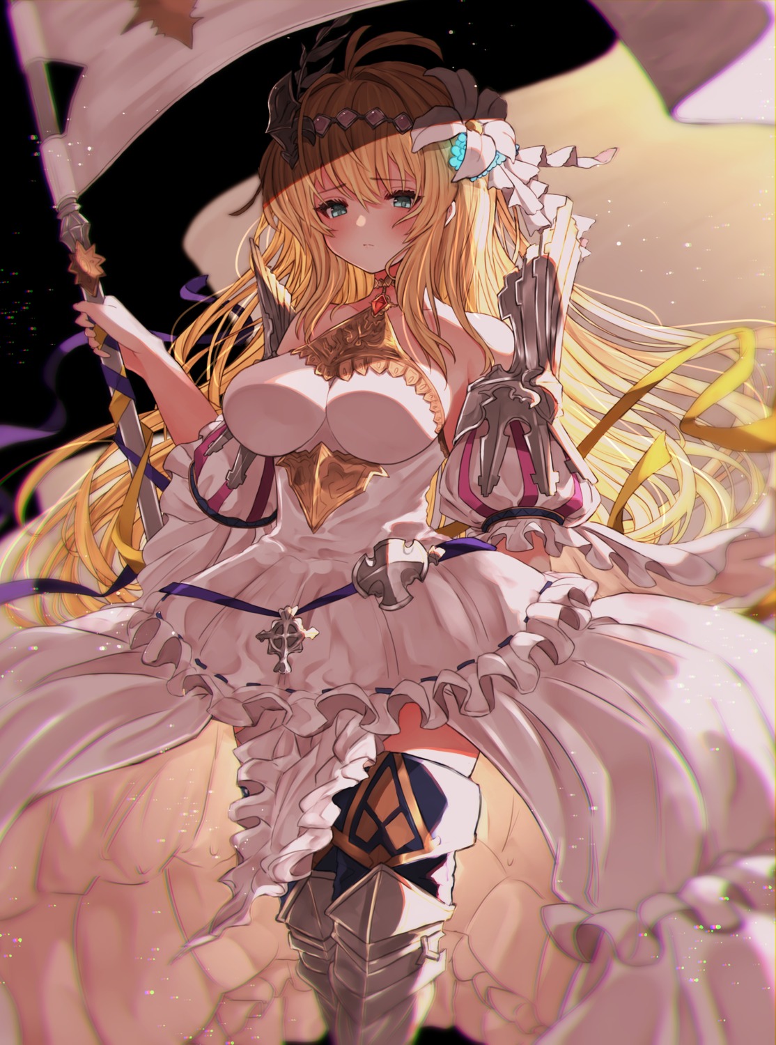armor, dress, granblue_fantasy, jeanne_d'arc, jeanne_d'arc_(granblue_fantasy), rice_tea, skirt_lift, thighhighs
