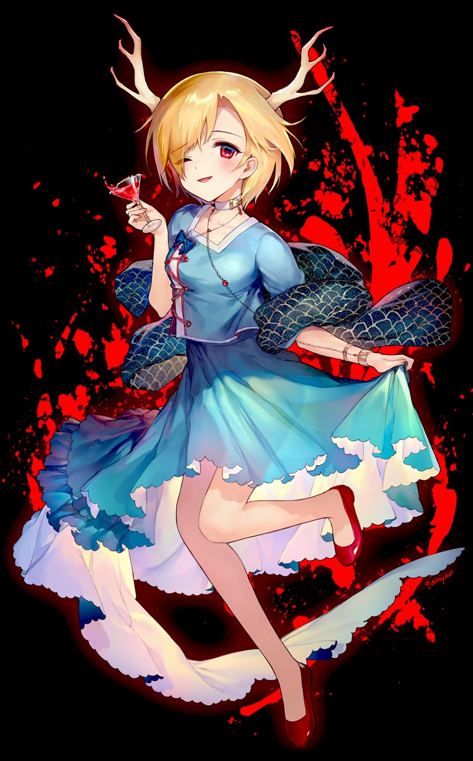 ainy, horns, kicchou_yachie, skirt_lift, touhou