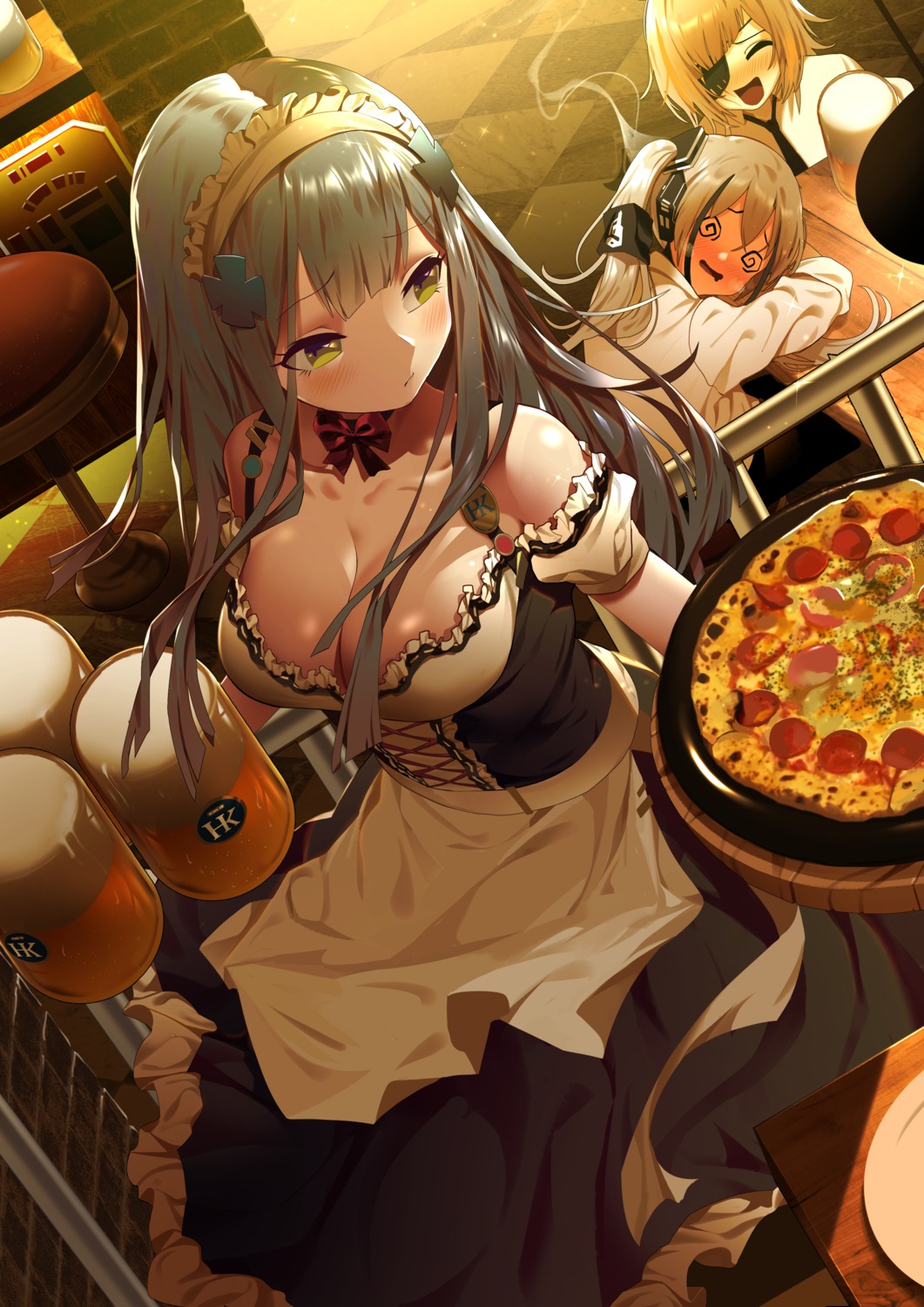 bsue, cleavage, eyepatch, girls_frontline, hk416_(girls_frontline), maid, ump45_(girls_frontline), waitress