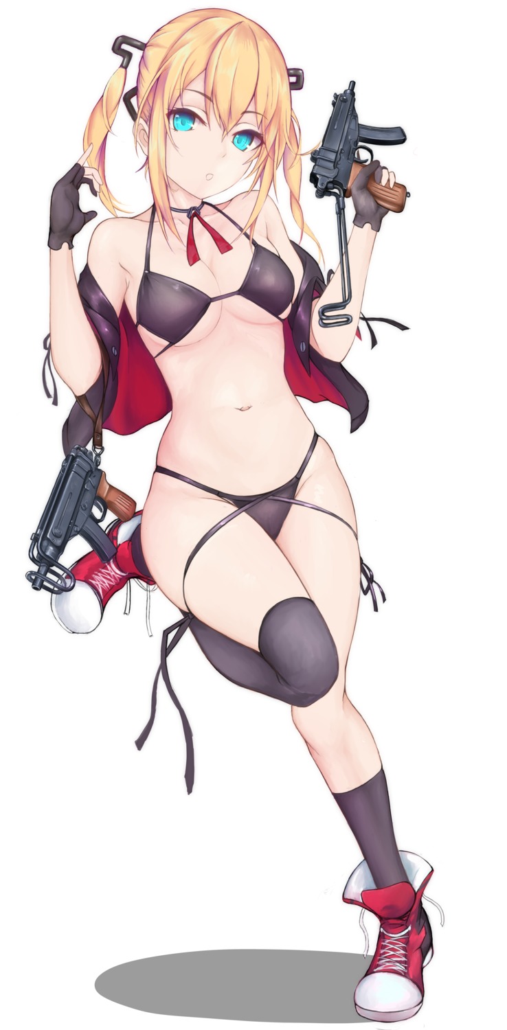 bikini, cleavage, franz_(217franz), girls_frontline, gun, skorpion_(girls_frontline), swimsuits, thighhighs