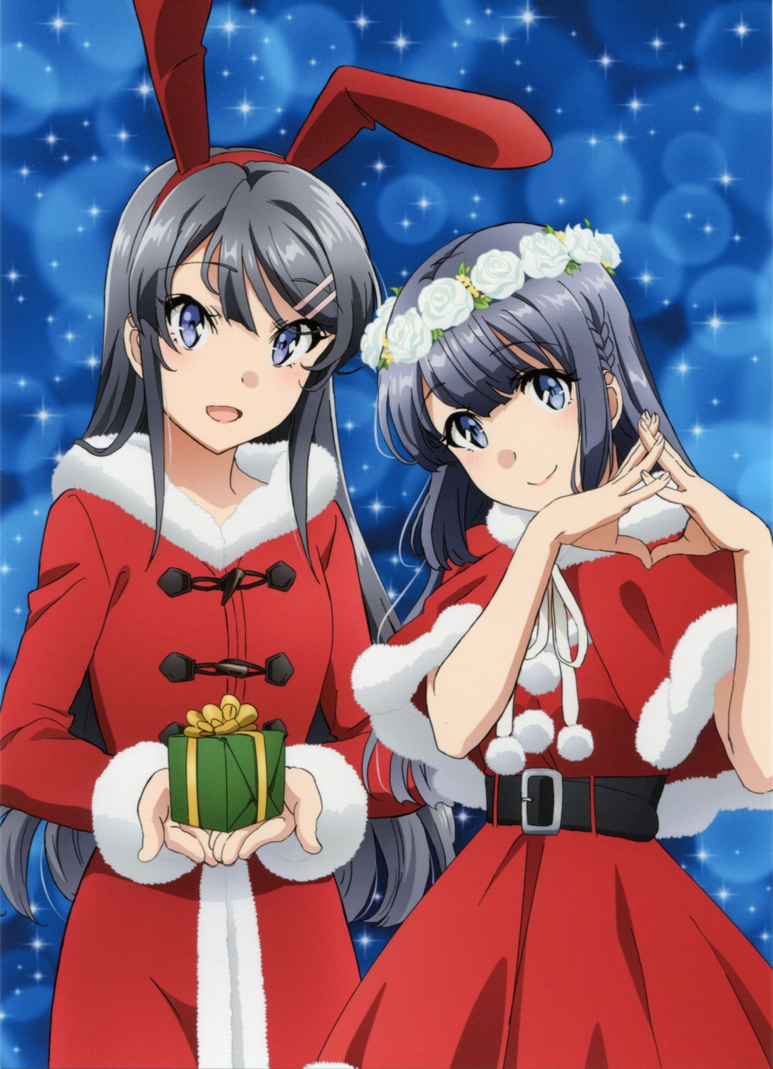 animal_ears, bunny_ears, christmas, dress, makinohara_shouko, sakurajima_mai, seishun_buta_yarou, tamura_satomi