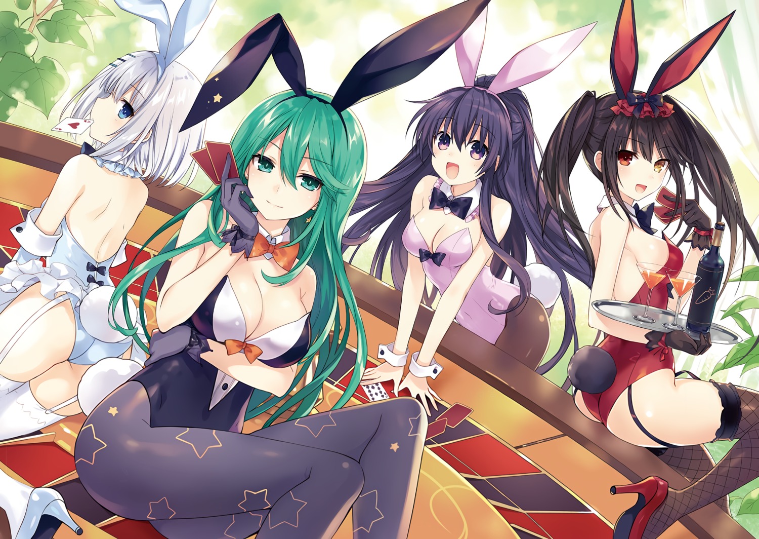 animal_ears, ass, bunny_ears, bunny_girl, cleavage, date_a_live, date_a_live_encore, fishnets, heels, heterochromia, kyouno_natsumi, pantyhose, photoshop, stockings, tail, thighhighs, tobiichi_origami, tokisaki_kurumi, tsunako, yatogami_tooka