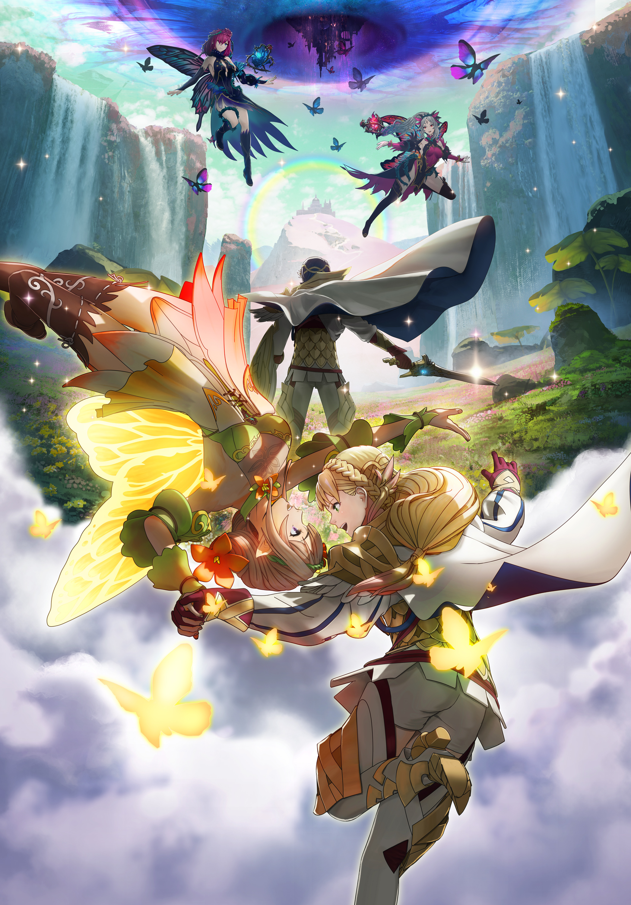 alfonse_(fire_emblem), armor, ass, cleavage, dress, fire_emblem, fire_emblem_heroes, garter, heels, nintendo, peony_(fire_emblem), plumeria_(fire_emblem), pointy_ears, sharena, sword, thighhighs, triandra, uniform, wings, yuri