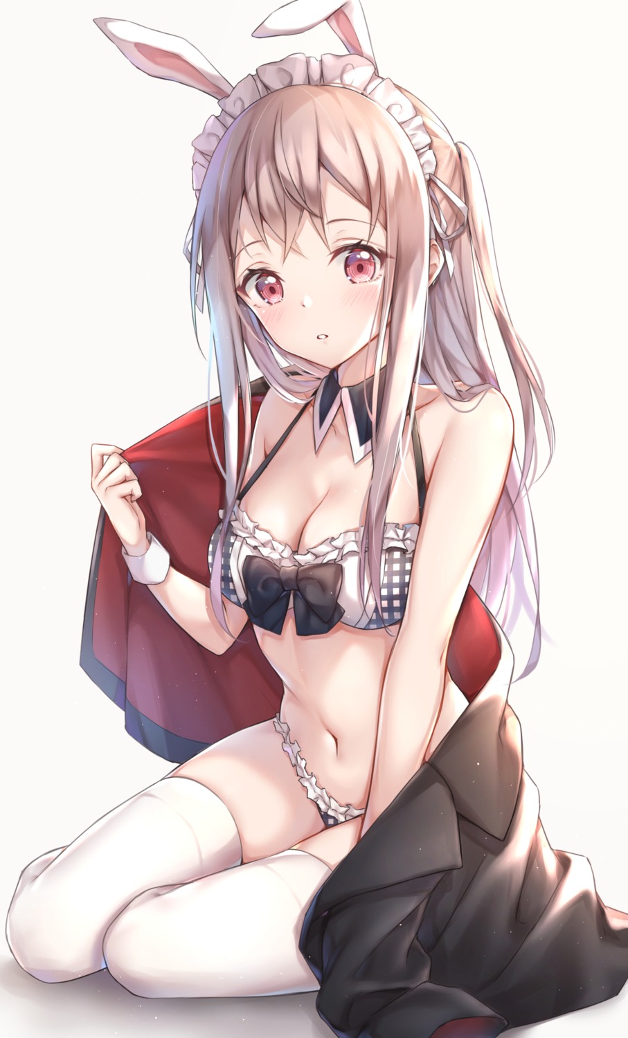 animal_ears, bra, bunny_ears, cleavage, cuna_(qunya), maid, open_shirt, pantsu, thighhighs