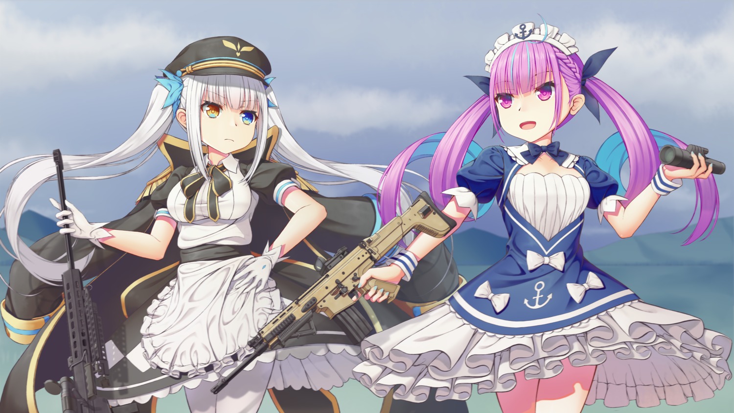 1037519921, crossover, gun, heterochromia, hololive, kagura_mea, kagura_mea_channel, maid, minato_aqua, pantyhose, uniform