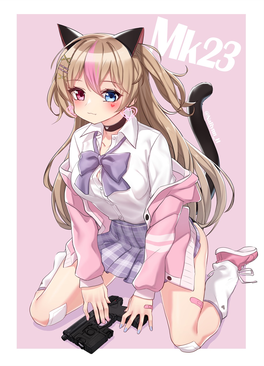 animal_ears, bandaid, girls_frontline, gun, heterochromia, mk_23_(girls_frontline), narynn, nekomimi