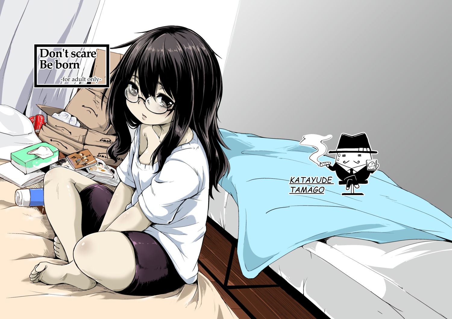 bike_shorts, cleavage, hardboiled_yoshiko, megane, no_bra