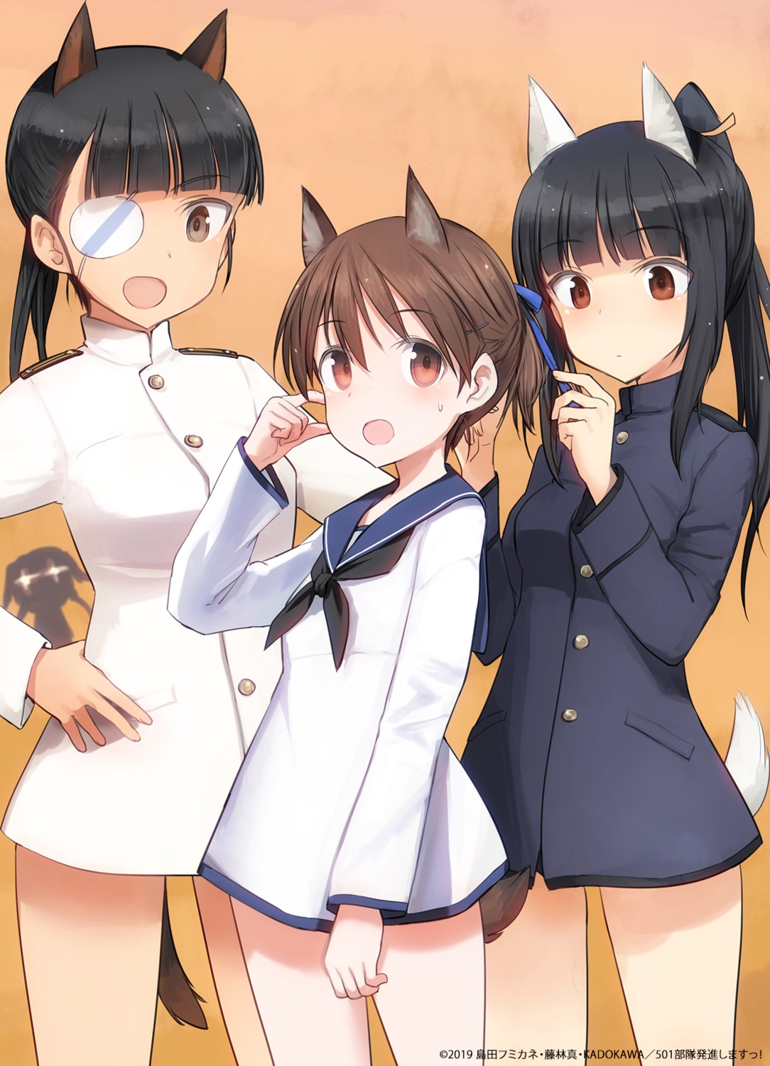 animal_ears, eyepatch, hattori_shizuka, miyafuji_yoshika, sakamoto_mio, seifuku, shimada_humikane, strike_witches, tail, uniform
