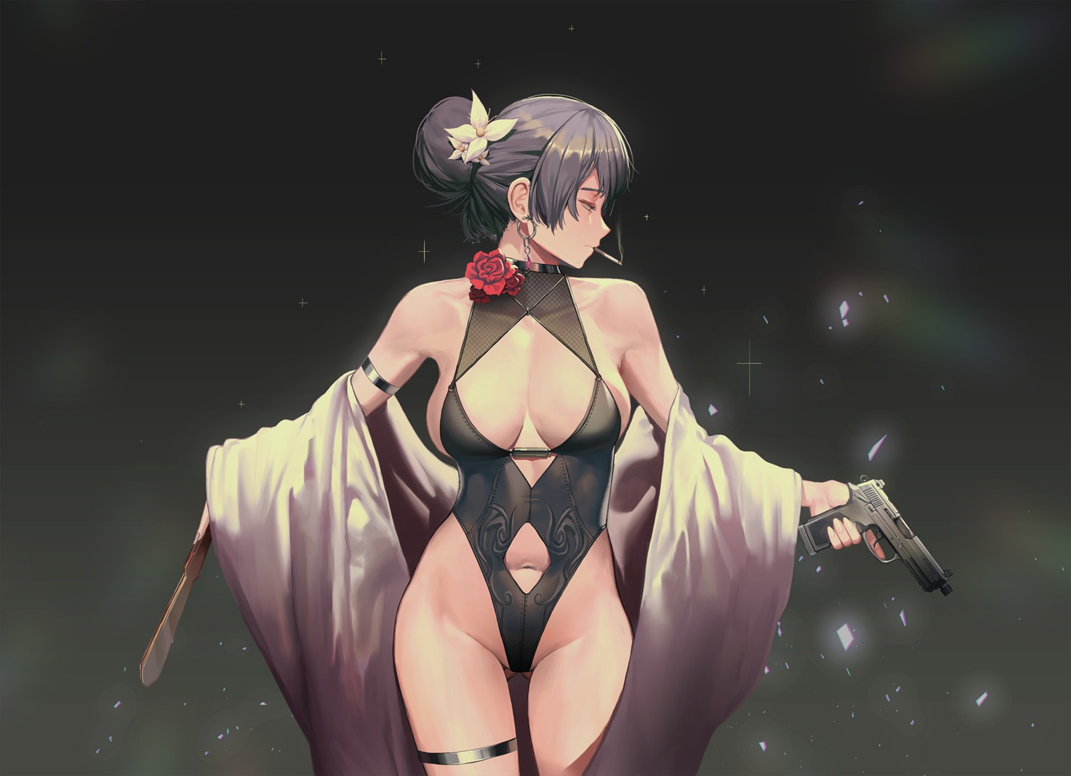 garter, gun, ihobus, japanese_clothes, leotard, no_bra, smoking