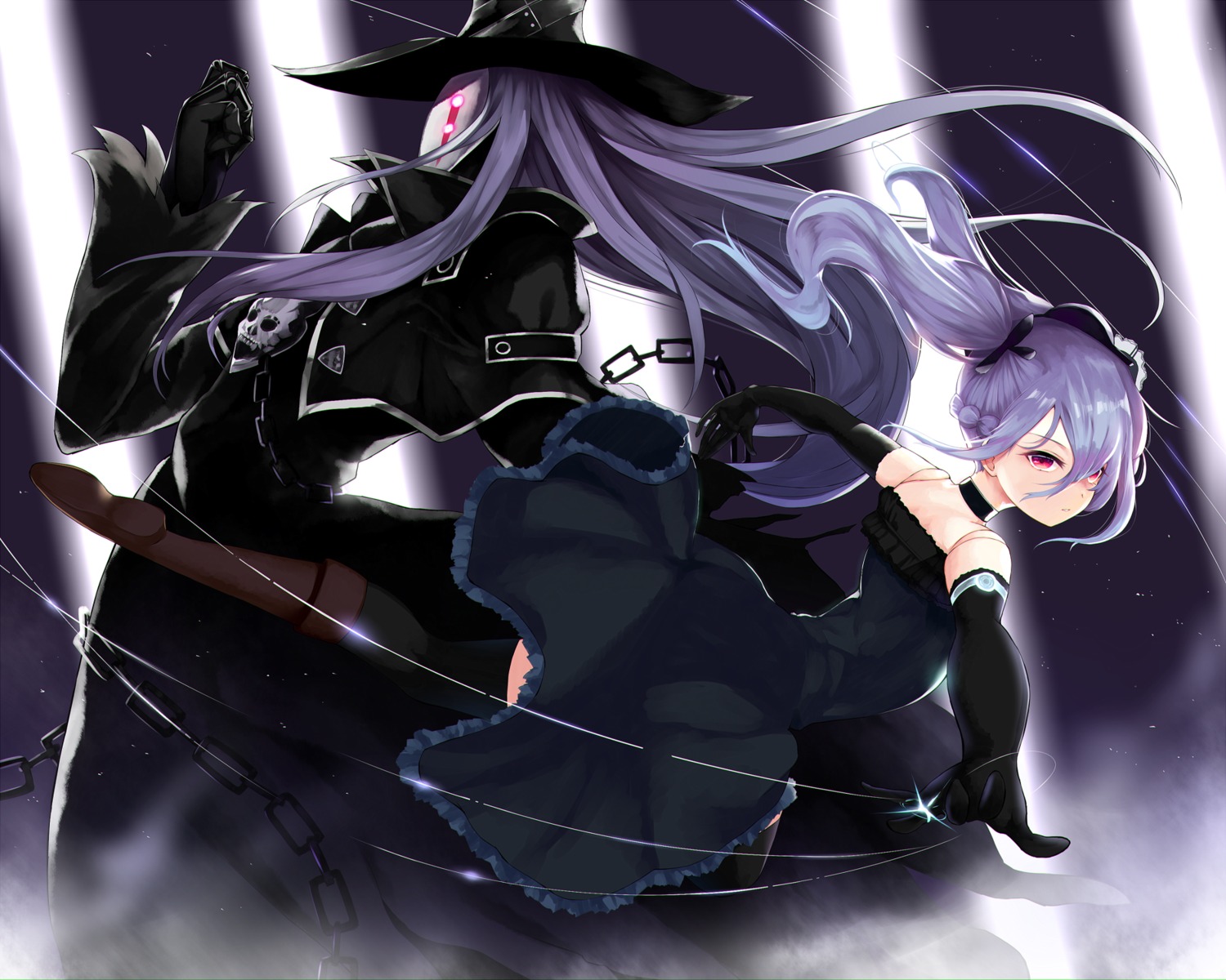 crossover, dress, granblue_fantasy, orchis_(granblue_fantasy), shadowverse, skirt_lift, thighhighs, yamato_(muchuu_paradigm)