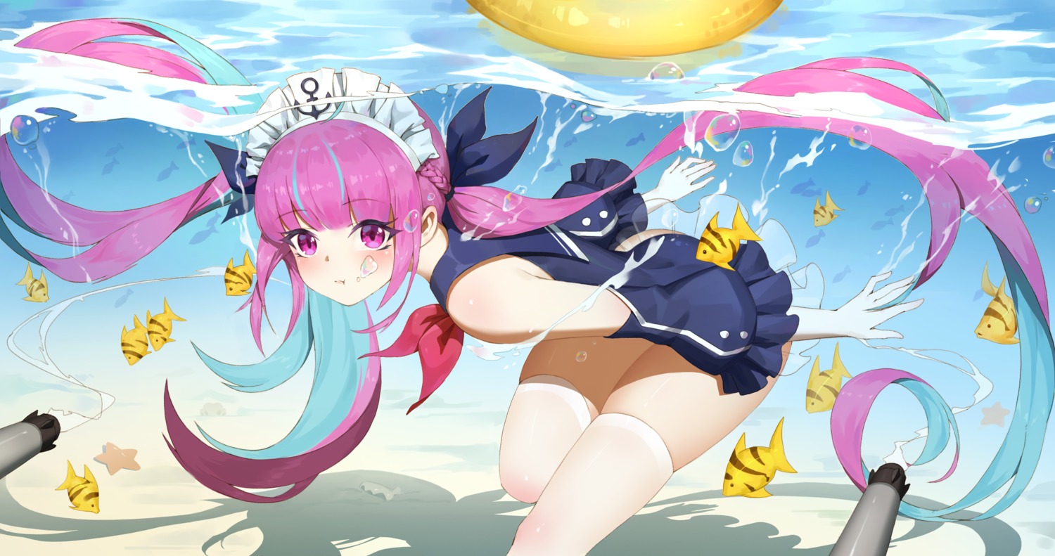 azur_lane, hololive, minato_aqua, swimsuits, thighhighs, wet, xiaoxiao_nanjue_buyaokeng