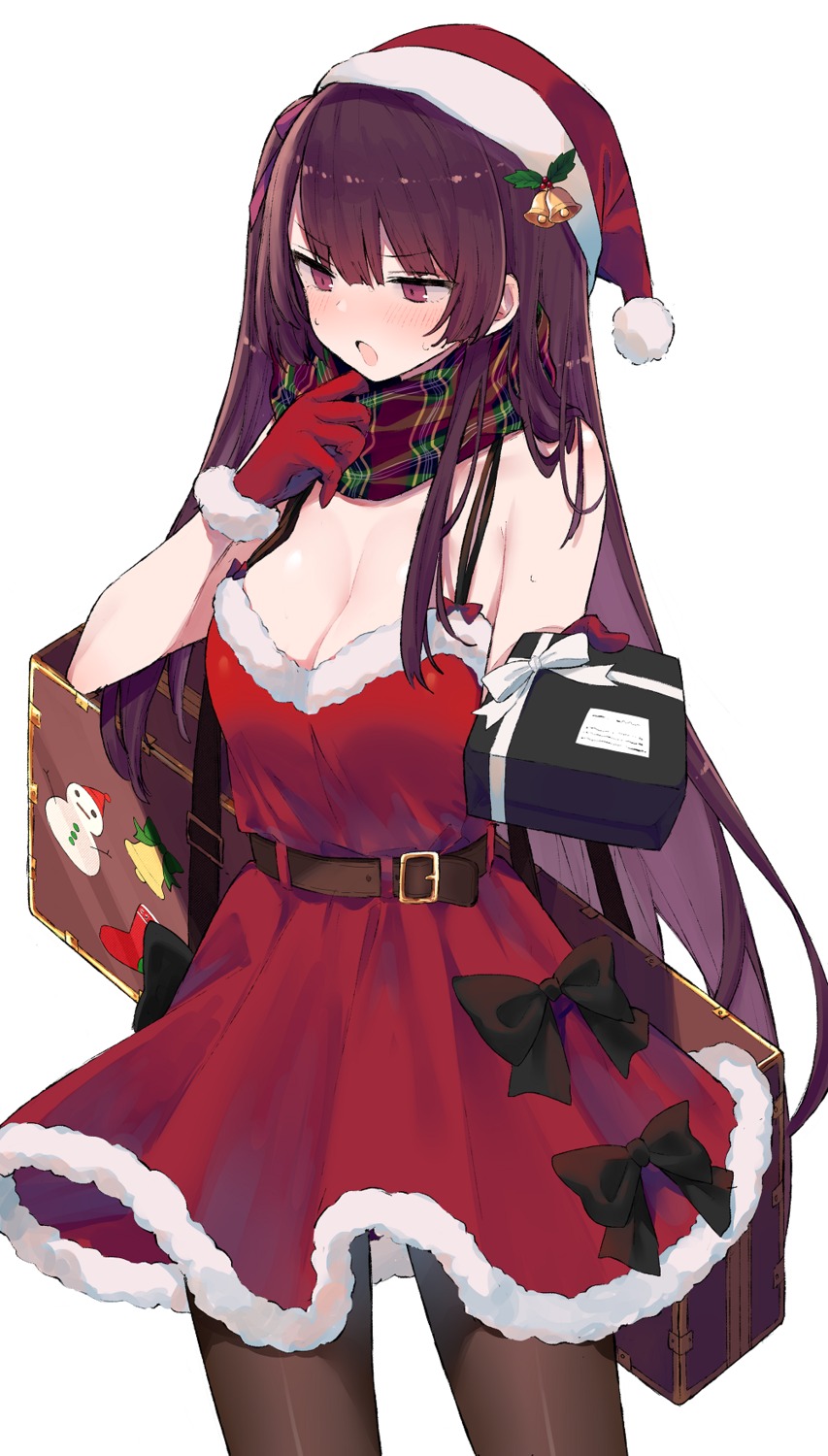 christmas, cleavage, dress, girls_frontline, mimelond, no_bra, pantyhose, wa2000_(girls_frontline)