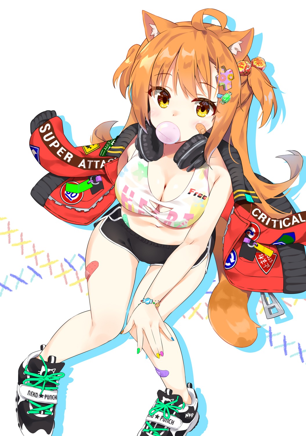 animal_ears, bandaid, cleavage, headphones, kutata, nekomimi, no_bra, tail, torn_clothes