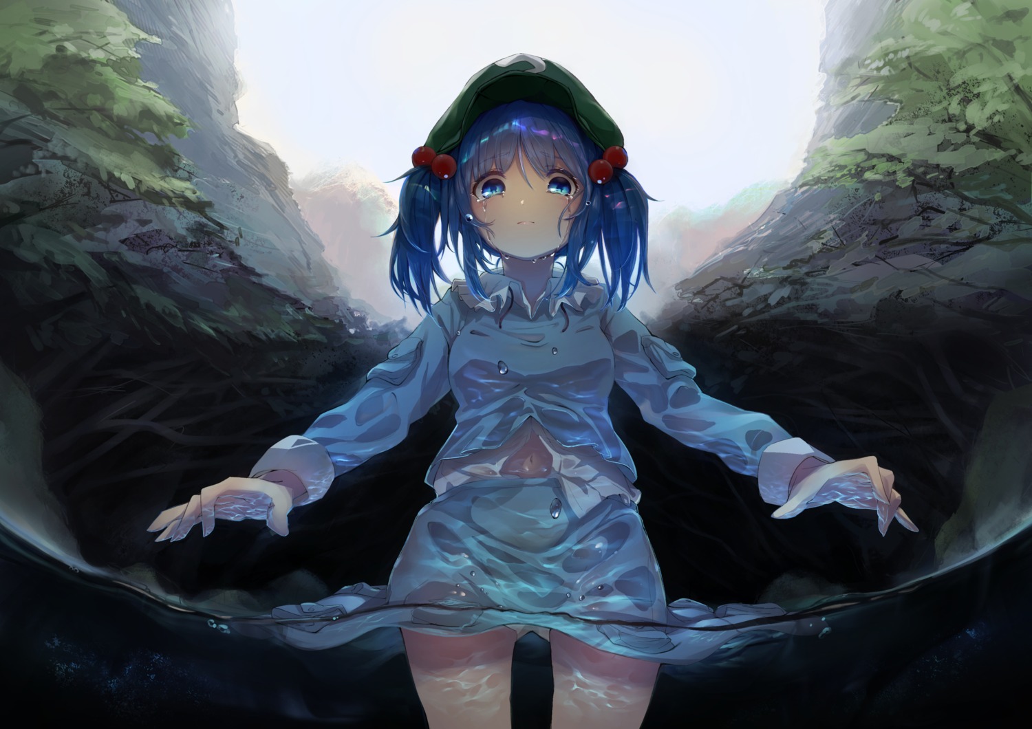 botsumoto, kawashiro_nitori, pantsu, see_through, skirt_lift, touhou, wet, wet_clothes
