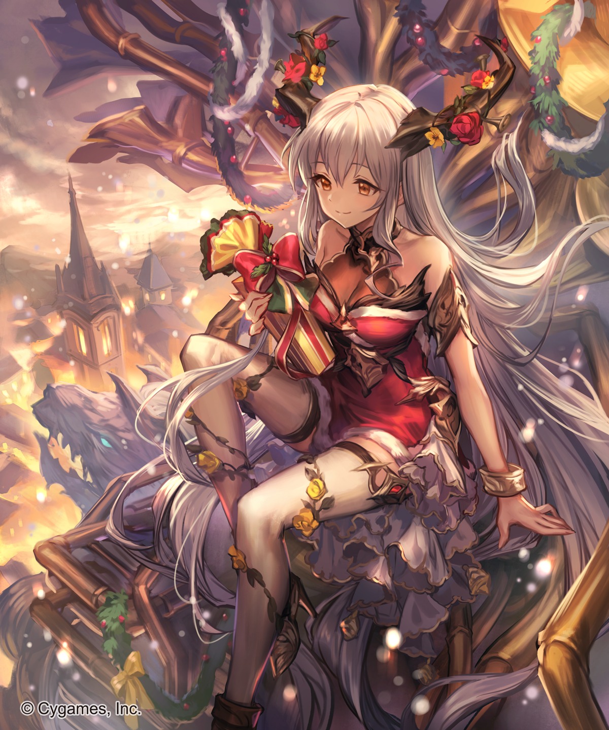 christmas, dress, horns, lee_hyeseung, shingeki_no_bahamut, thighhighs