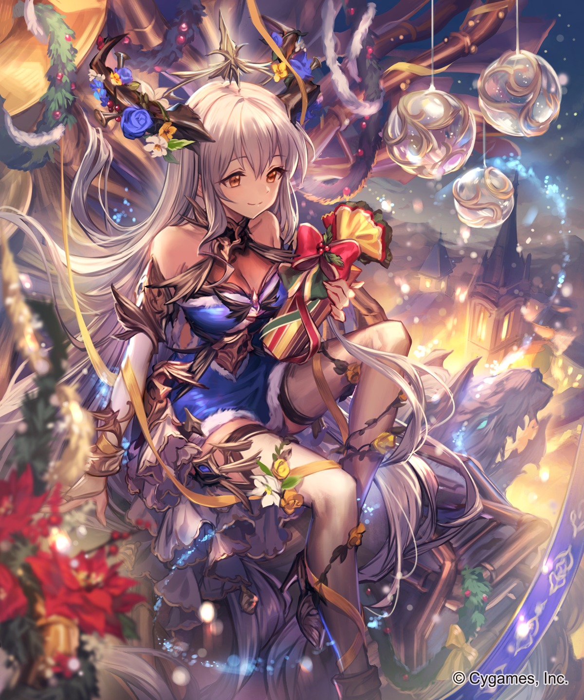christmas, dress, horns, lee_hyeseung, shingeki_no_bahamut, thighhighs