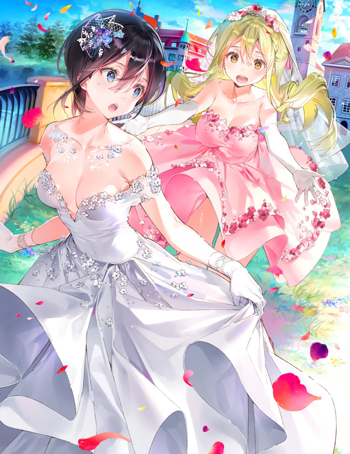 cleavage, dress, dsmile, furutachi_ren, hayahoshi_akuru, no_bra, oshi_no_love_yori_koi_no_love, skirt_lift, sukerasomero, wedding_dress, yuri